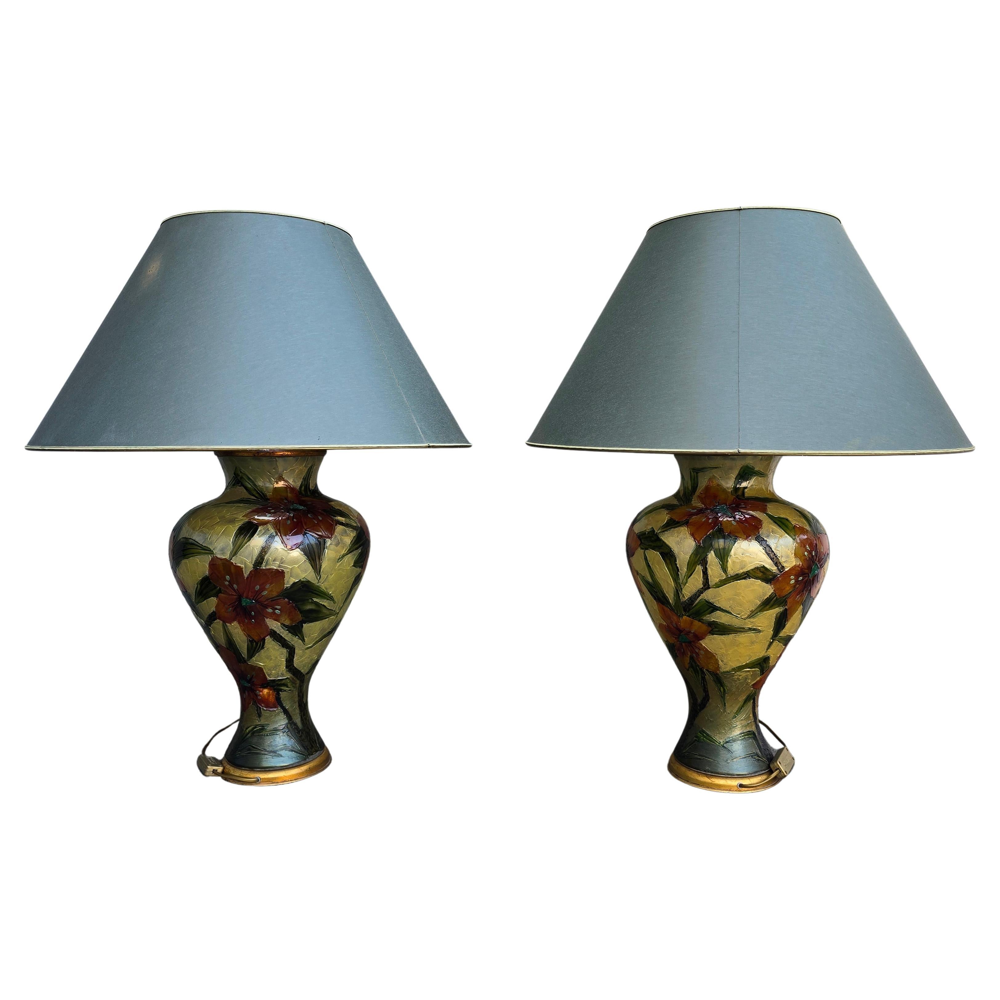 French Pair of Hand-Painted Floral Glass Table Lamps – Italy, circa 1980 For Sale