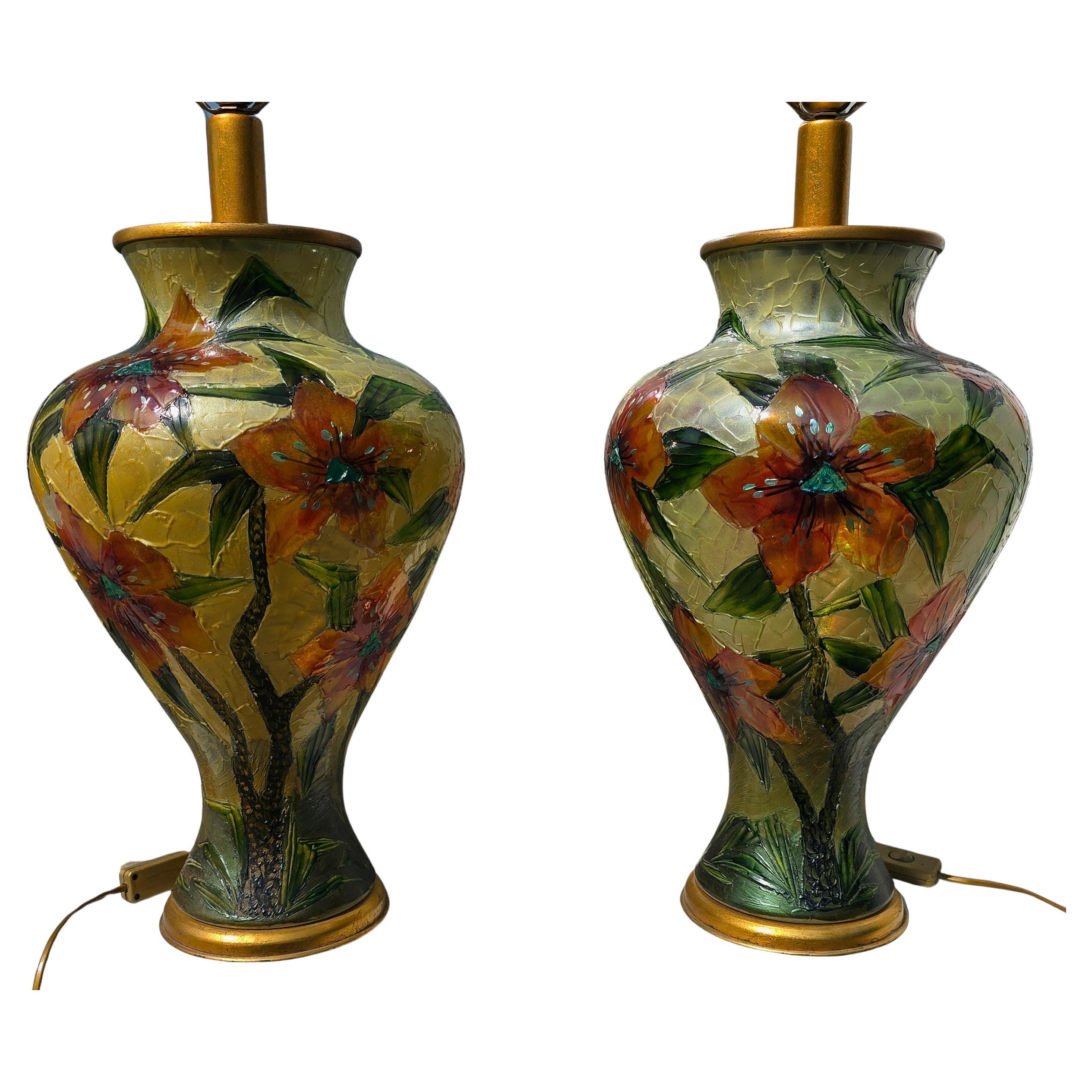 20th Century Pair of Hand-Painted Floral Glass Table Lamps – Italy, circa 1980 For Sale