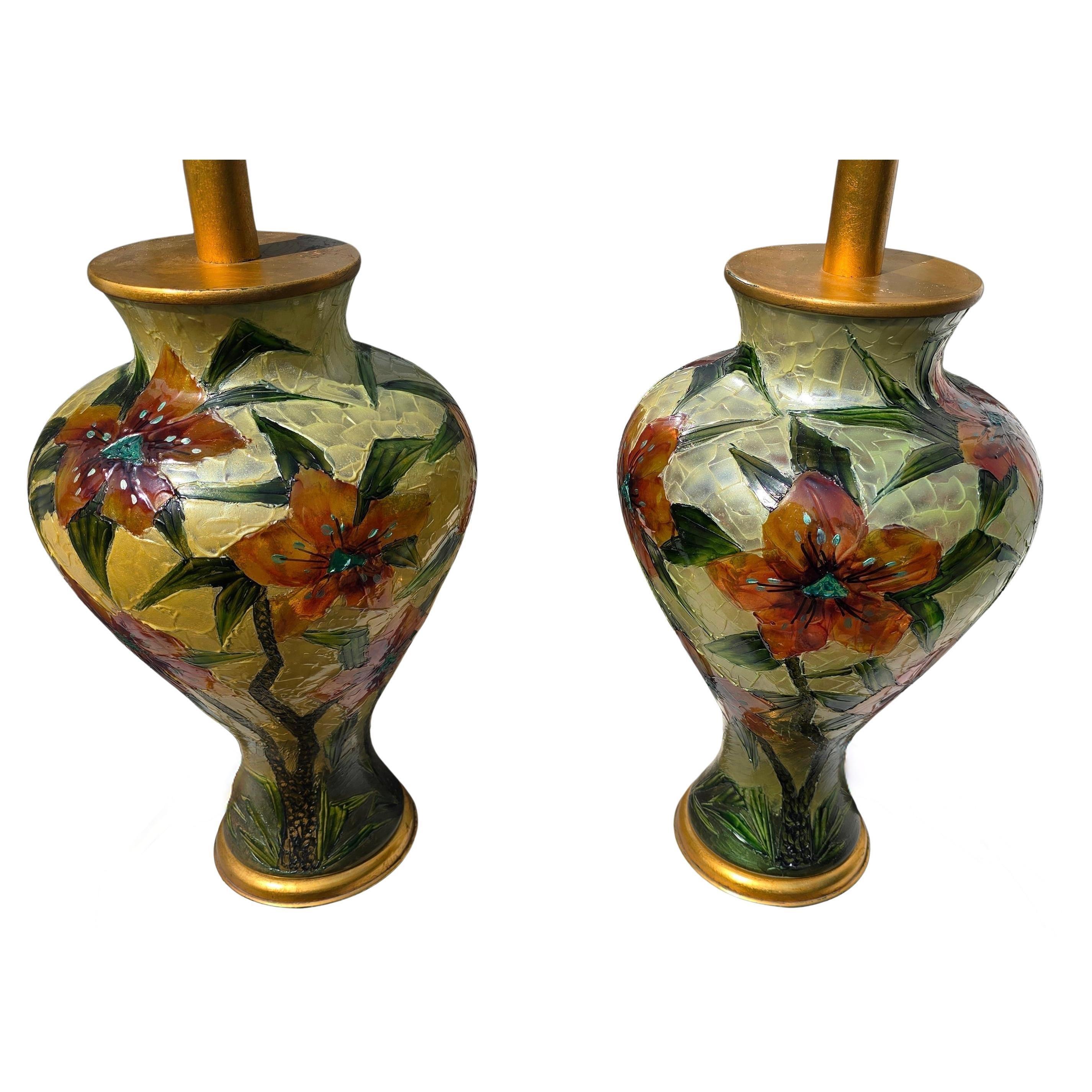 Pair of Hand-Painted Floral Glass Table Lamps – Italy, circa 1980 For Sale 1