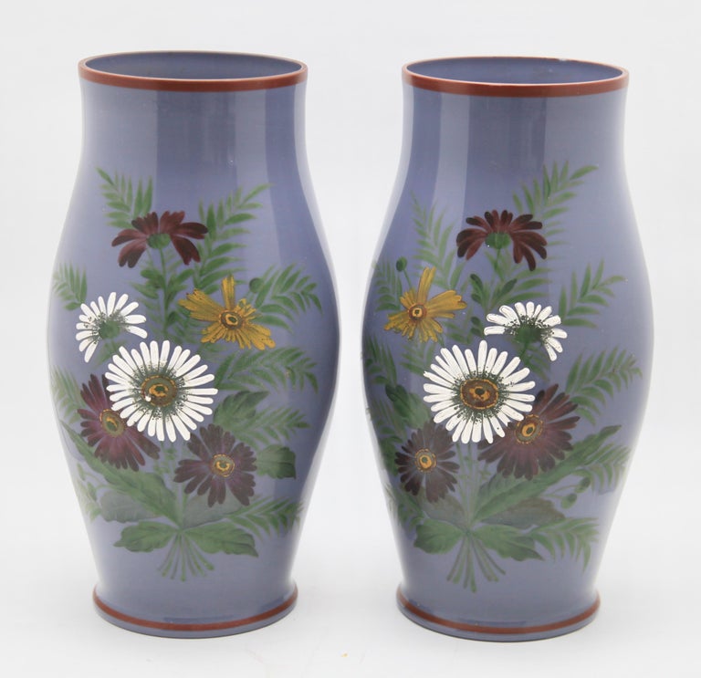 Pair Of Hand Painted Floral Vases With Unusual Lavender Background