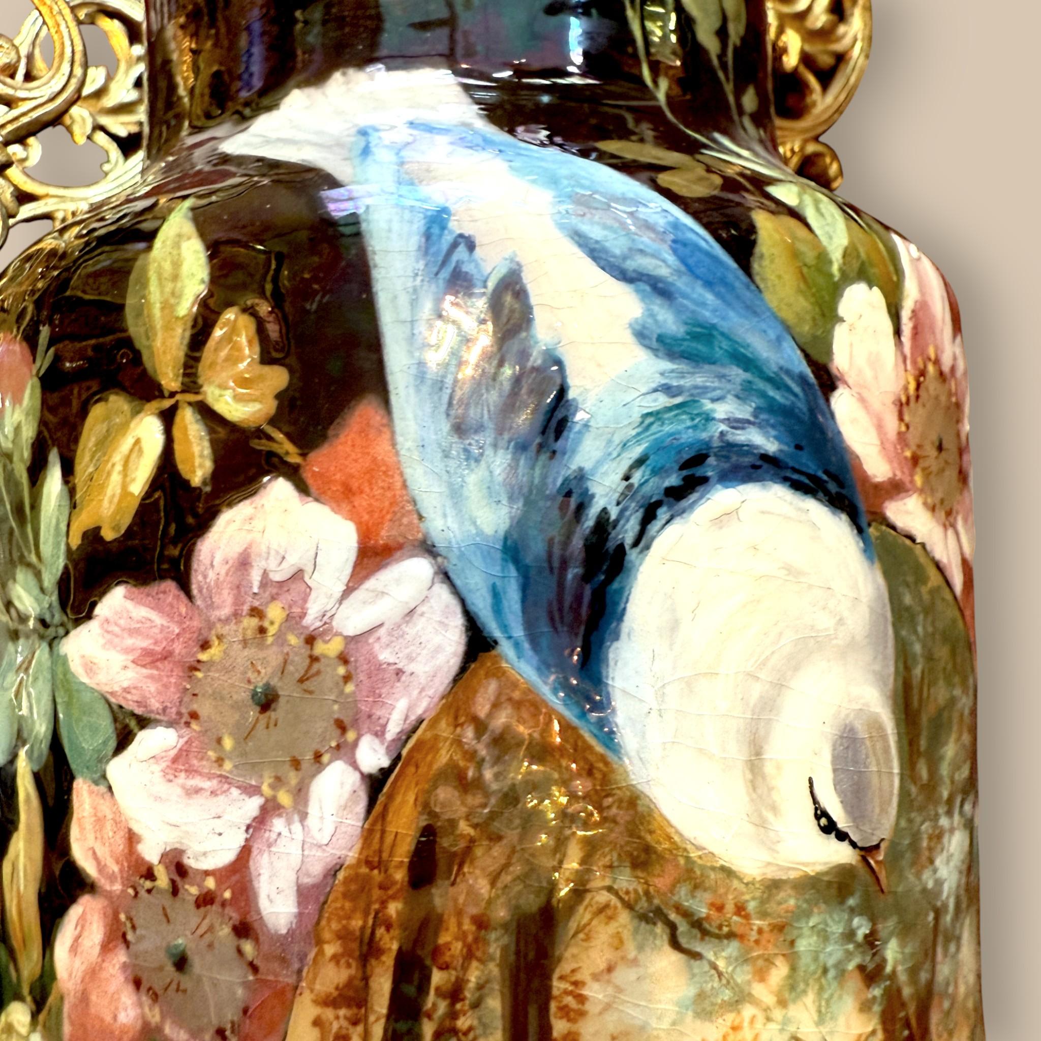 Pair of Hand-Painted French Ceramic Vases Signed R. Nault, Circa 1890 For Sale 4