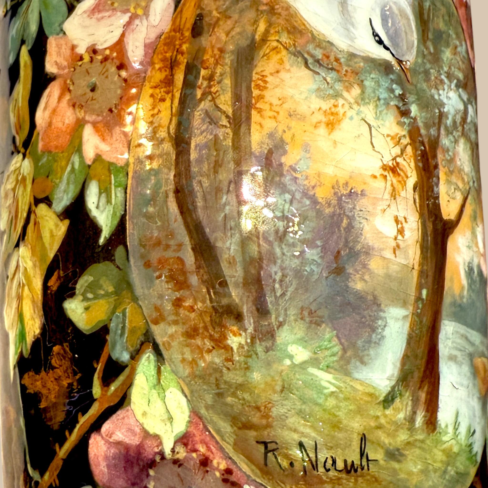 Pair of Hand-Painted French Ceramic Vases Signed R. Nault, Circa 1890 For Sale 6
