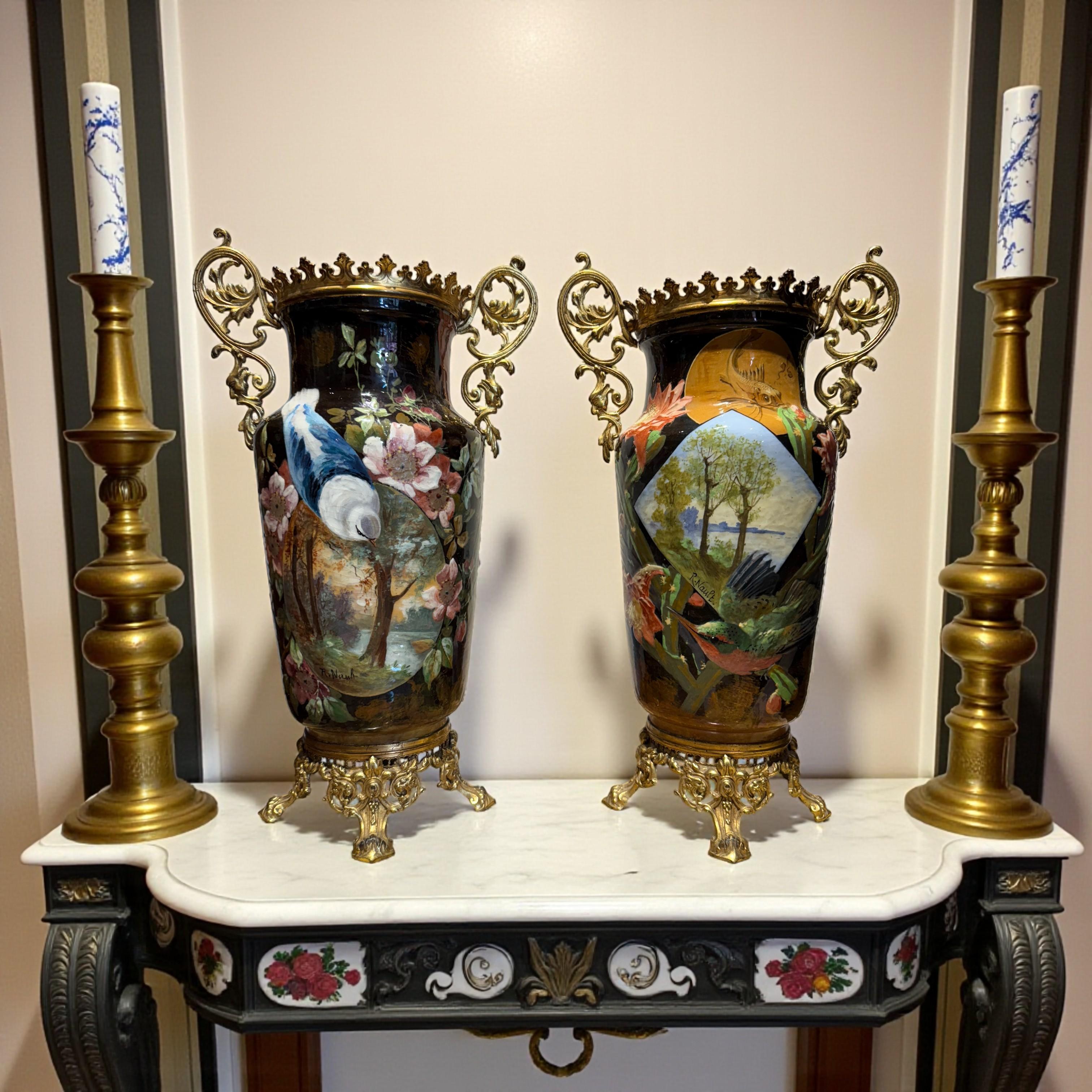 Louis Philippe Pair of Hand-Painted French Ceramic Vases Signed R. Nault, Circa 1890 For Sale