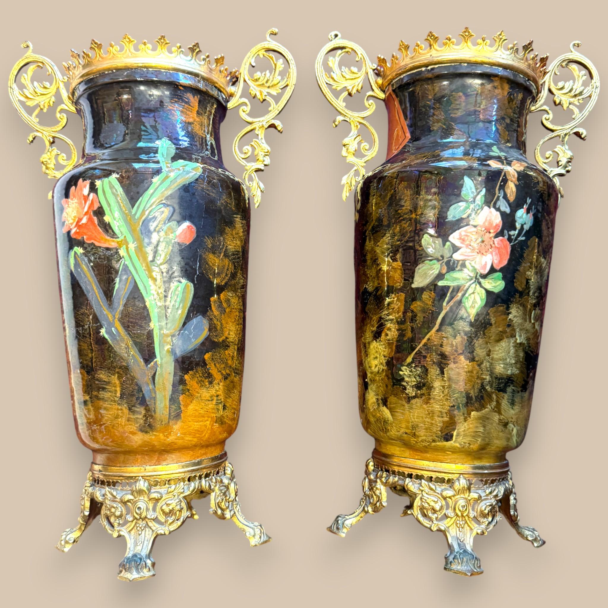Pair of Hand-Painted French Ceramic Vases Signed R. Nault, Circa 1890 In Good Condition For Sale In NICE, FR