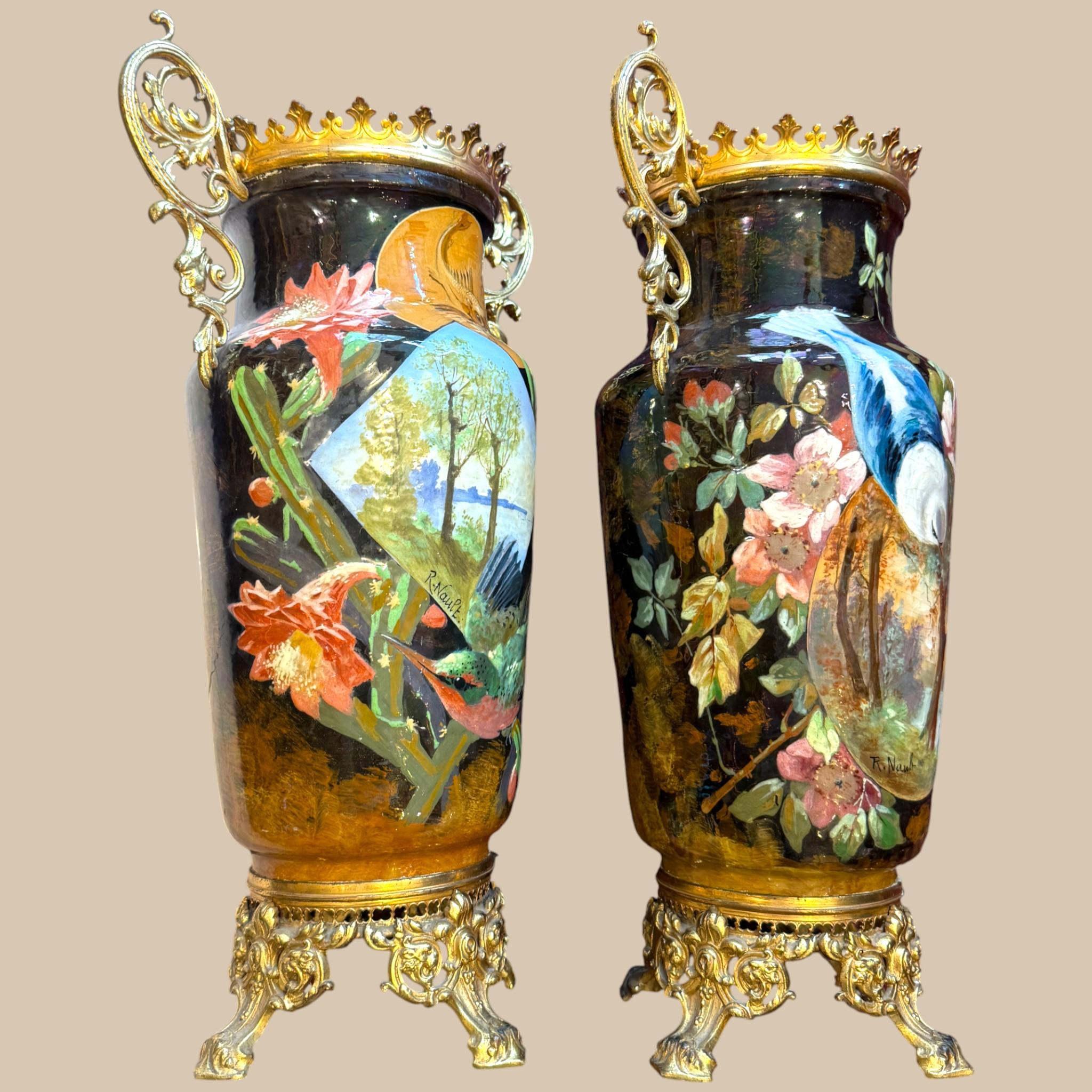 19th Century Pair of Hand-Painted French Ceramic Vases Signed R. Nault, Circa 1890 For Sale