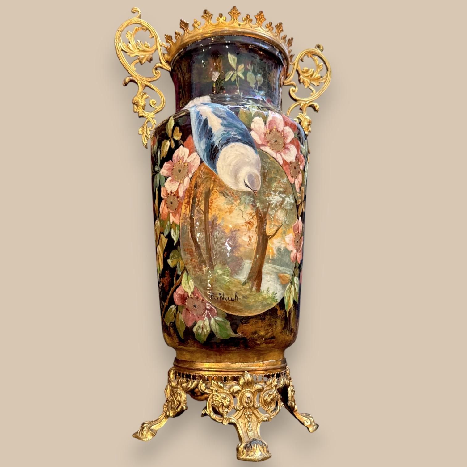 Brass Pair of Hand-Painted French Ceramic Vases Signed R. Nault, Circa 1890 For Sale
