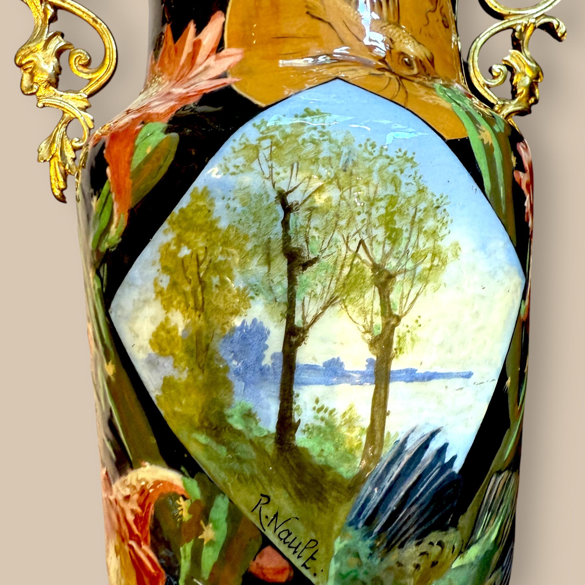 Pair of Hand-Painted French Ceramic Vases Signed R. Nault, Circa 1890 For Sale 1