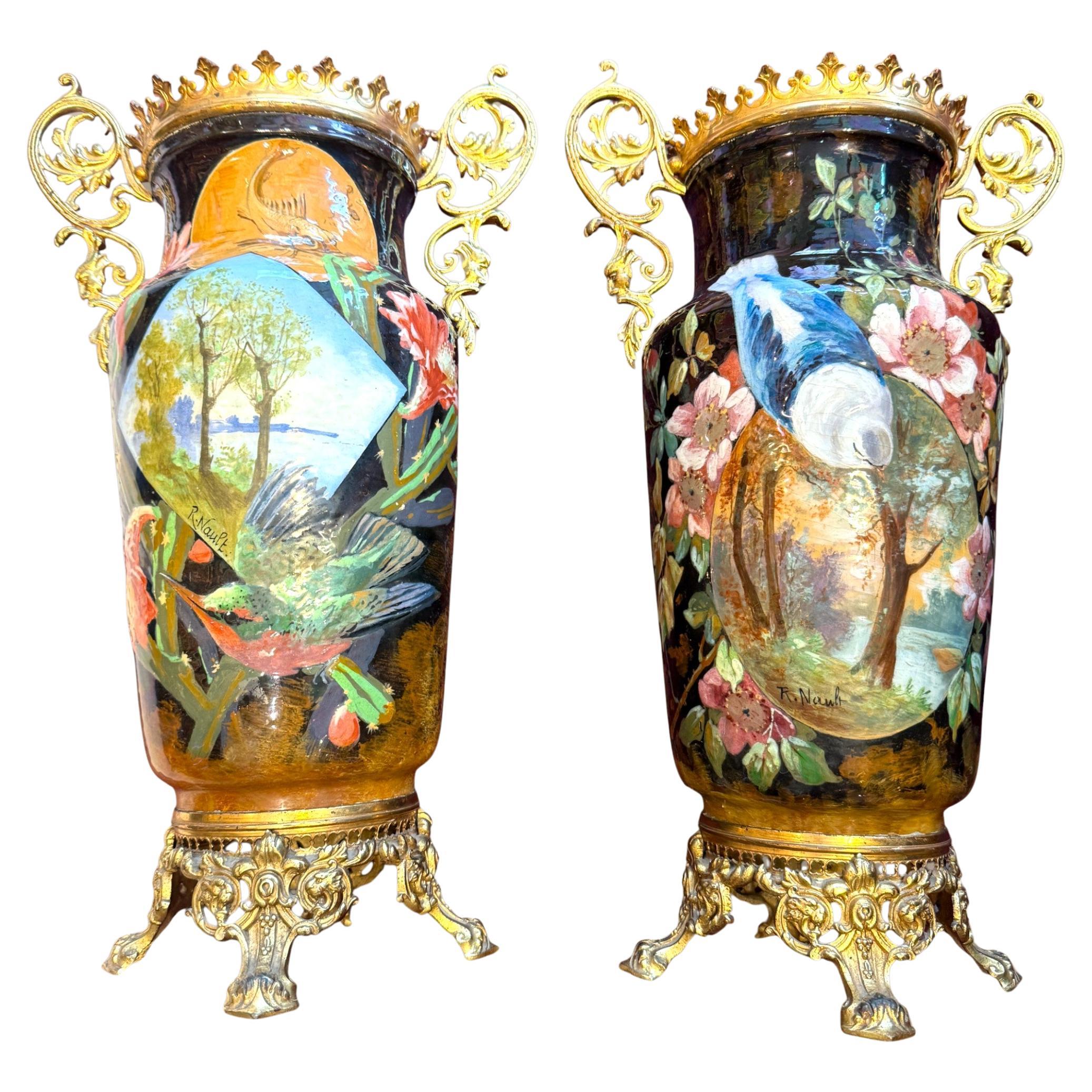 Pair of Hand-Painted French Ceramic Vases Signed R. Nault, Circa 1890 For Sale