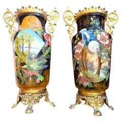 Pair of Hand-Painted French Ceramic Vases Signed R. Nault, Circa 1890