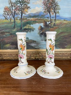 Pair of Hand-Painted French chinoiserie Style Gien France Ceramic Candlesticks.