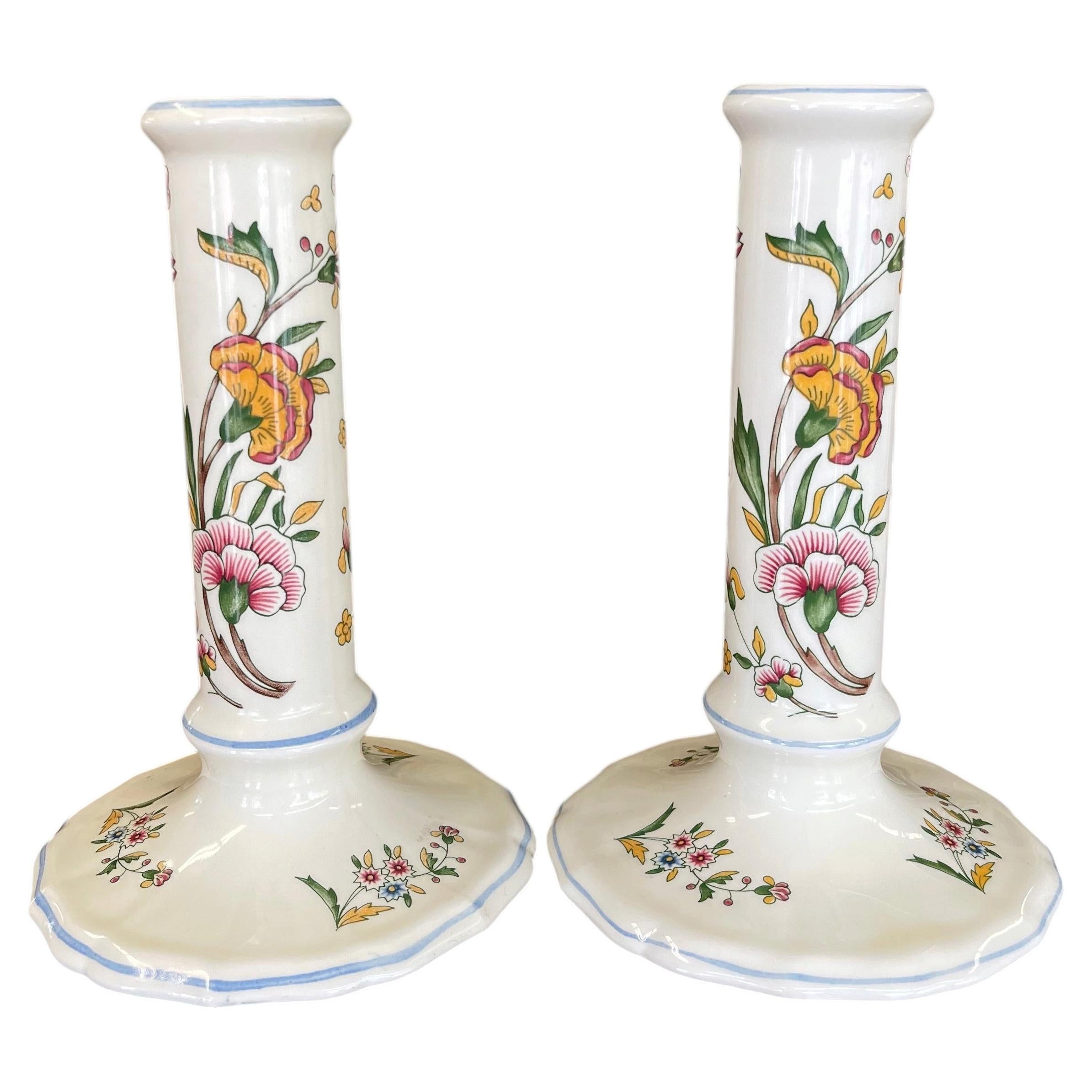 Pair of Hand-Painted French chinoiserie Style Gien France Ceramic Candlesticks. For Sale
