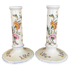 Pair of Hand-Painted French chinoiserie Style Gien France Ceramic Candlesticks.