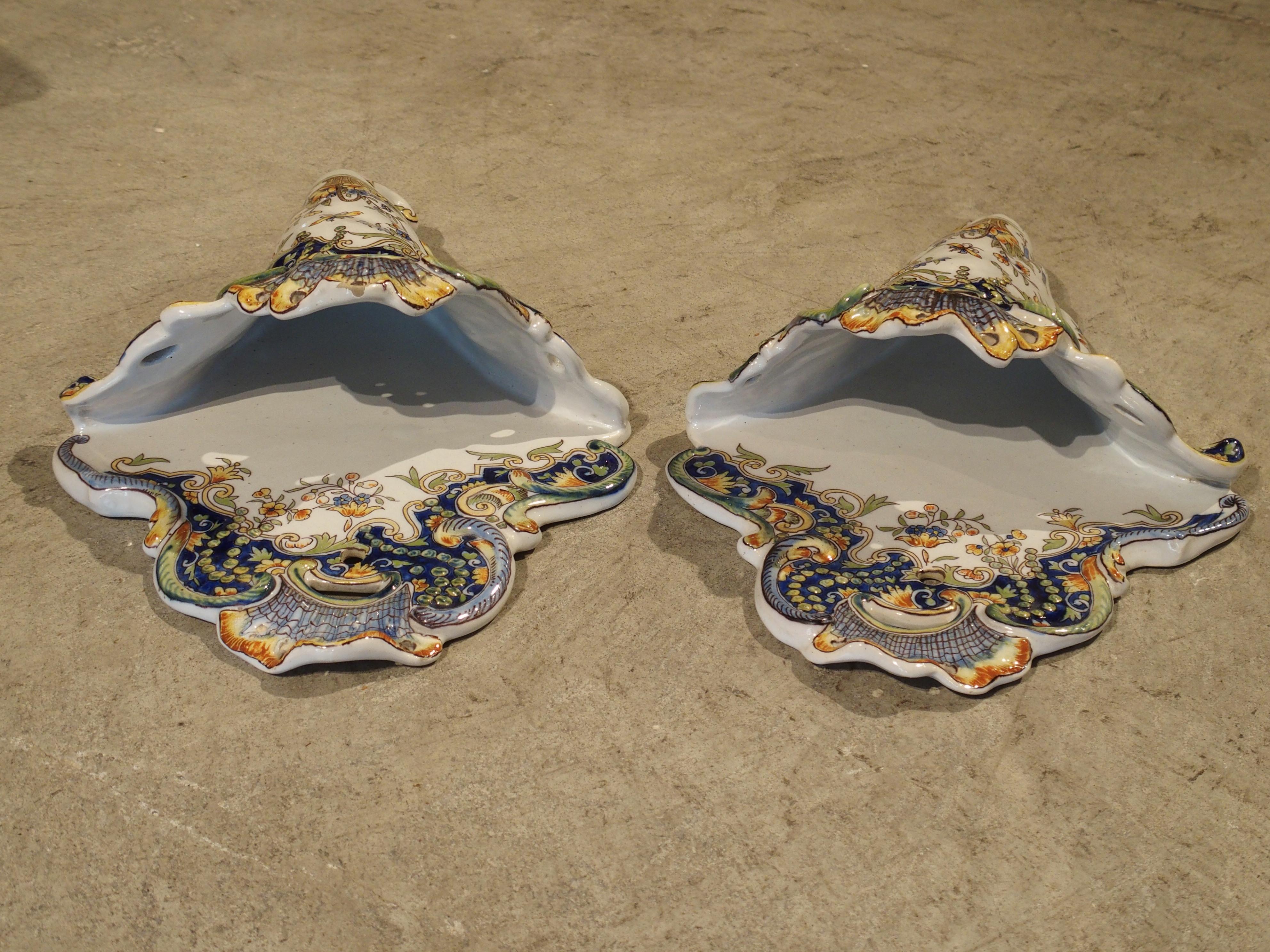 Pair of Hand-Painted French Faience Wall Vases from Rouen 7