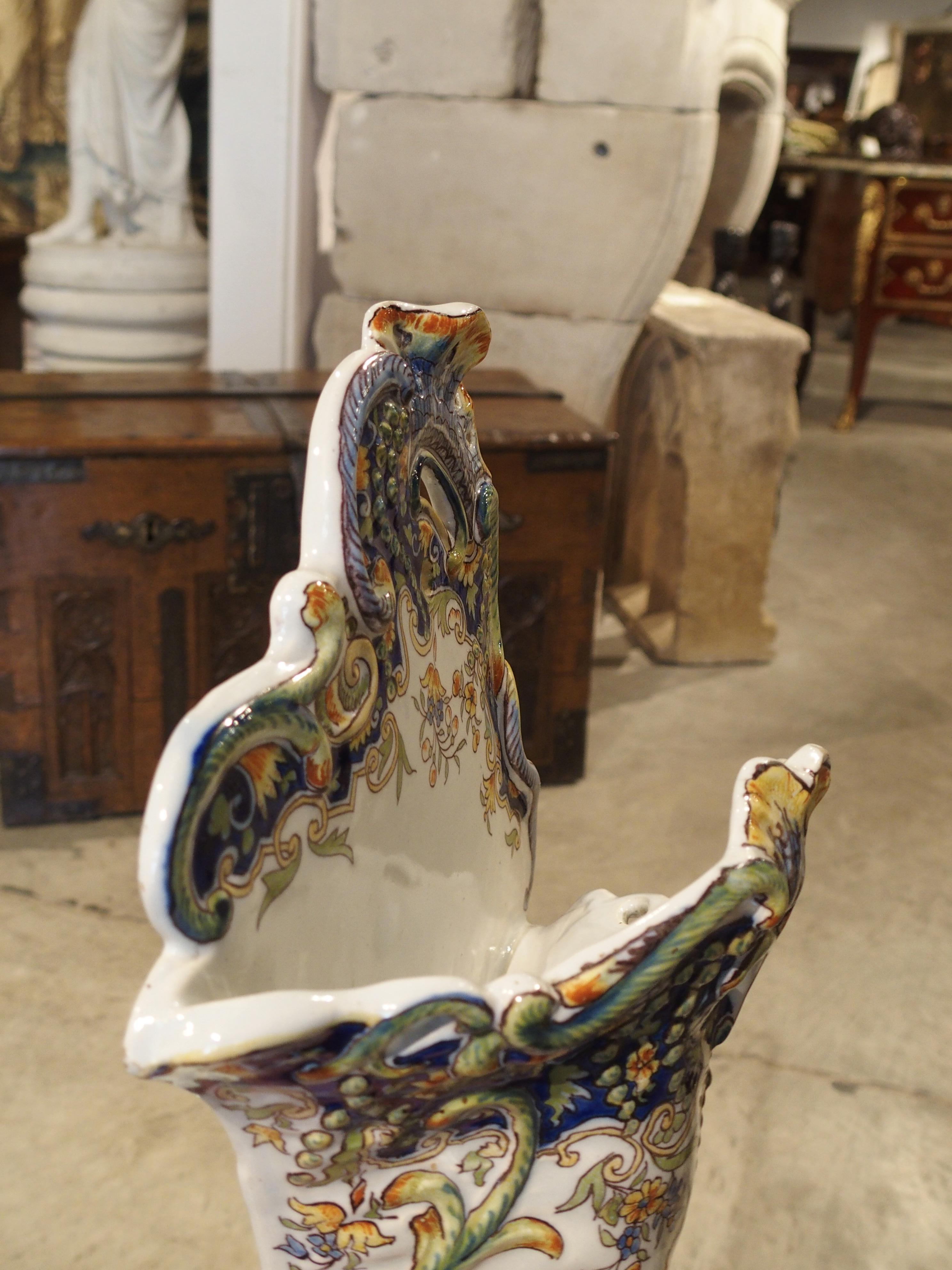 Pair of Hand-Painted French Faience Wall Vases from Rouen 10