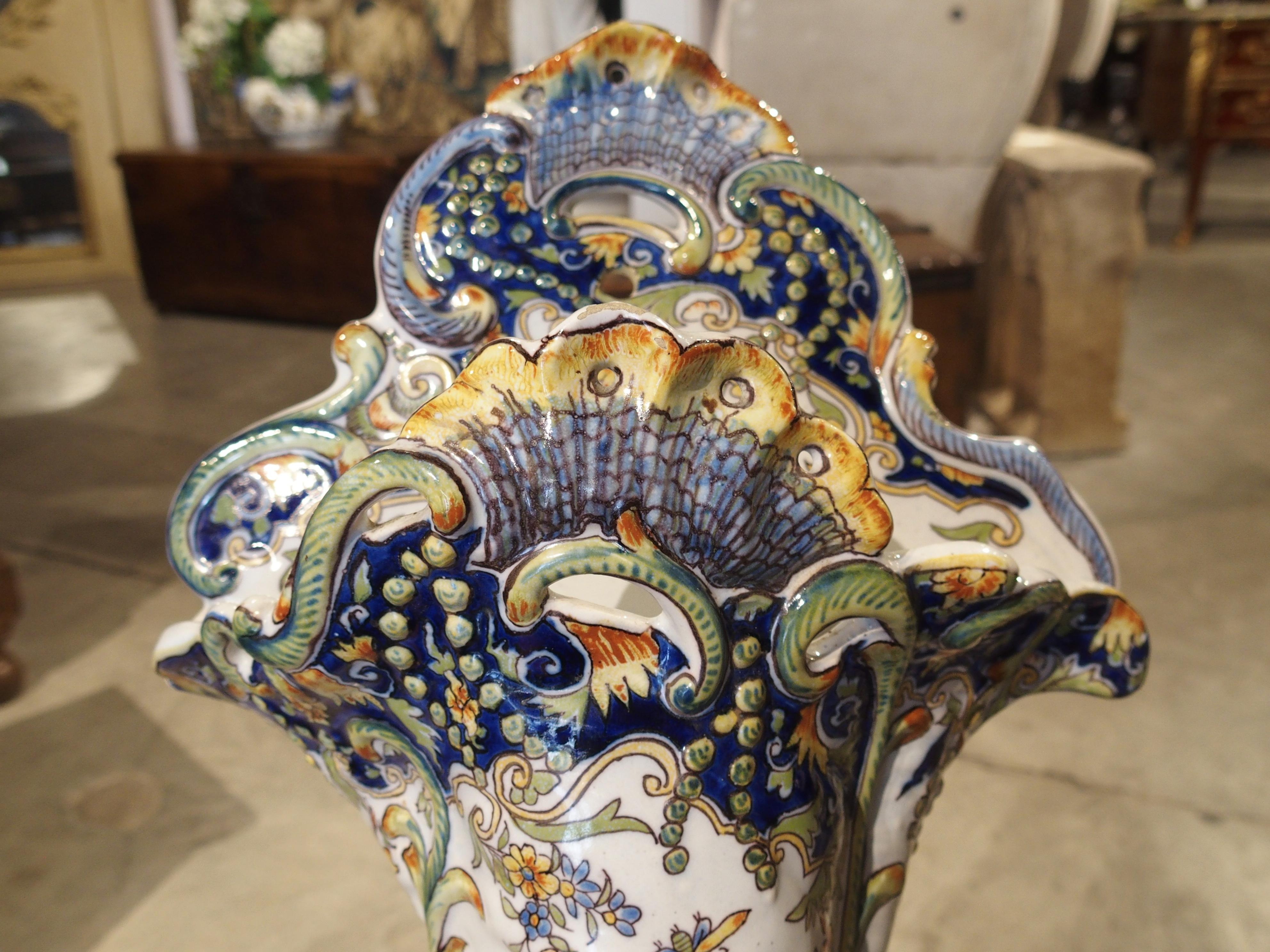Pair of Hand-Painted French Faience Wall Vases from Rouen 11