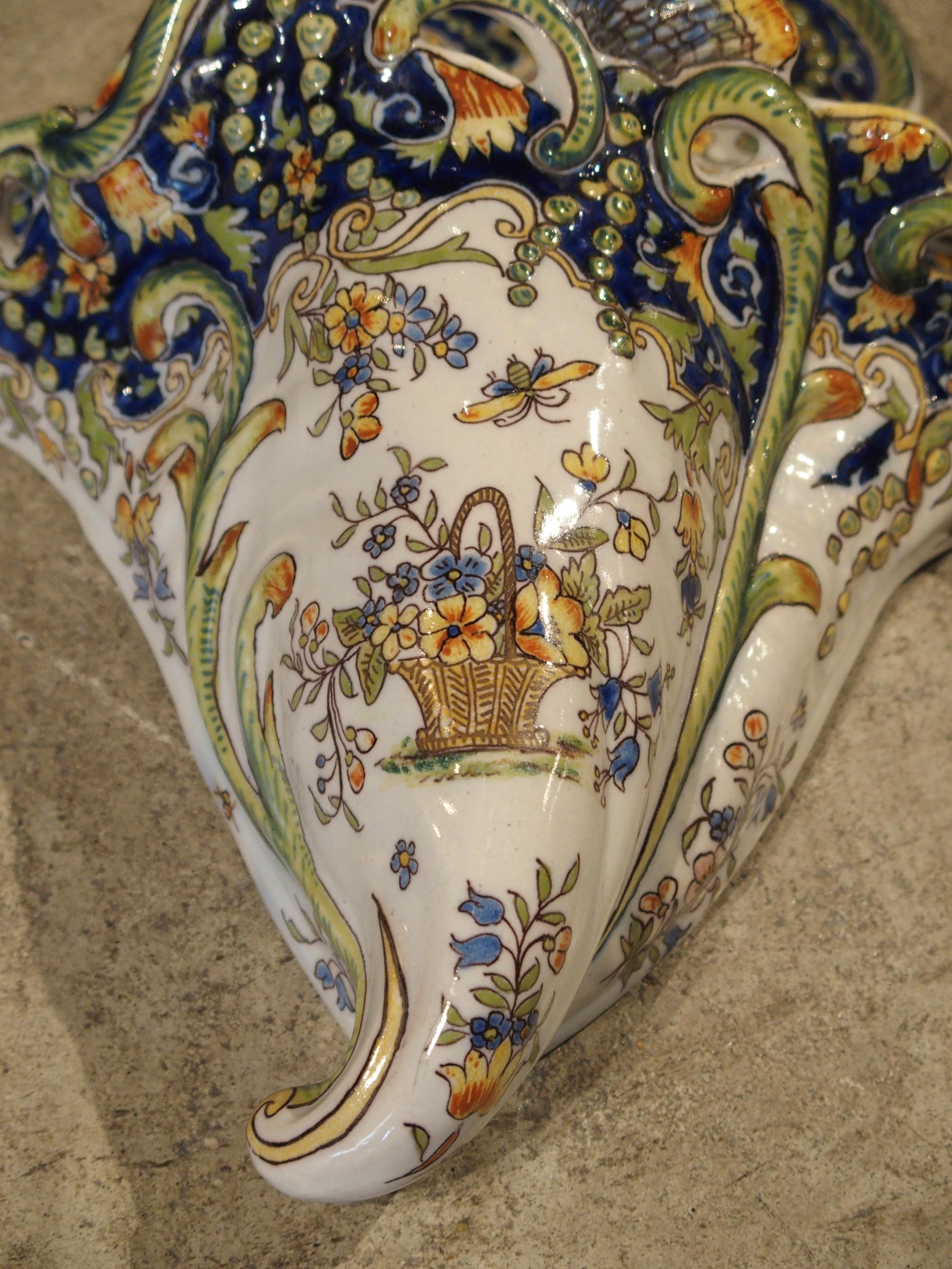 Pair of Hand-Painted French Faience Wall Vases from Rouen 5