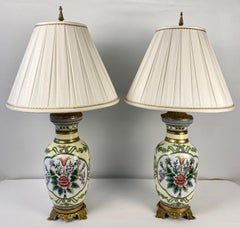 Pair of French Hand Painted Porcelain Gilt Bronze Mounted Table Lamps