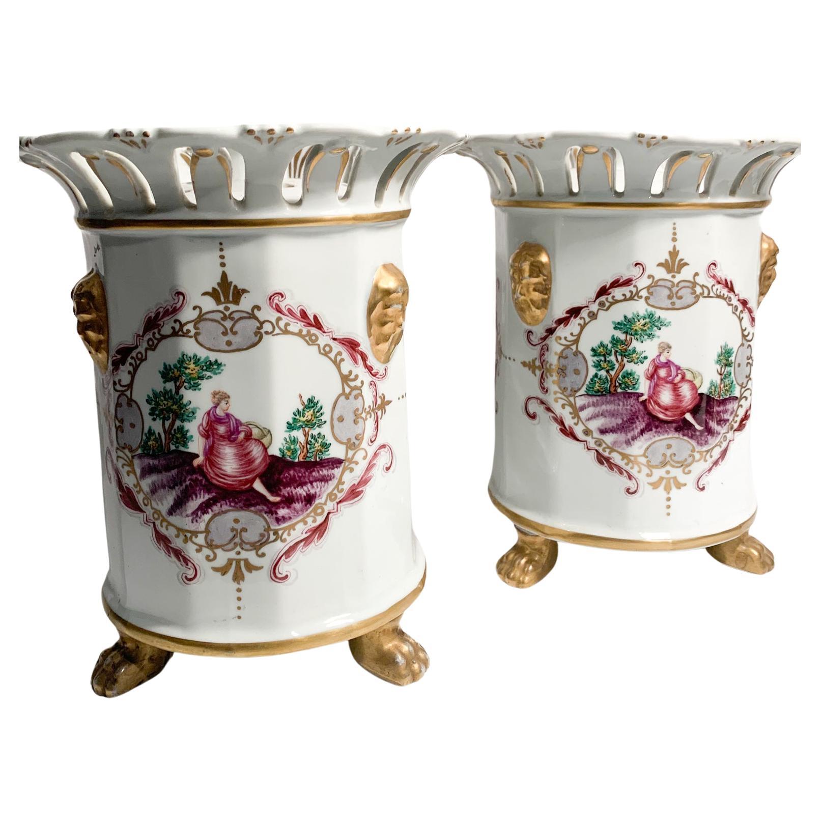 Pair of Hand-painted French Porcelain Vases/Perfumers from the 1950s For Sale
