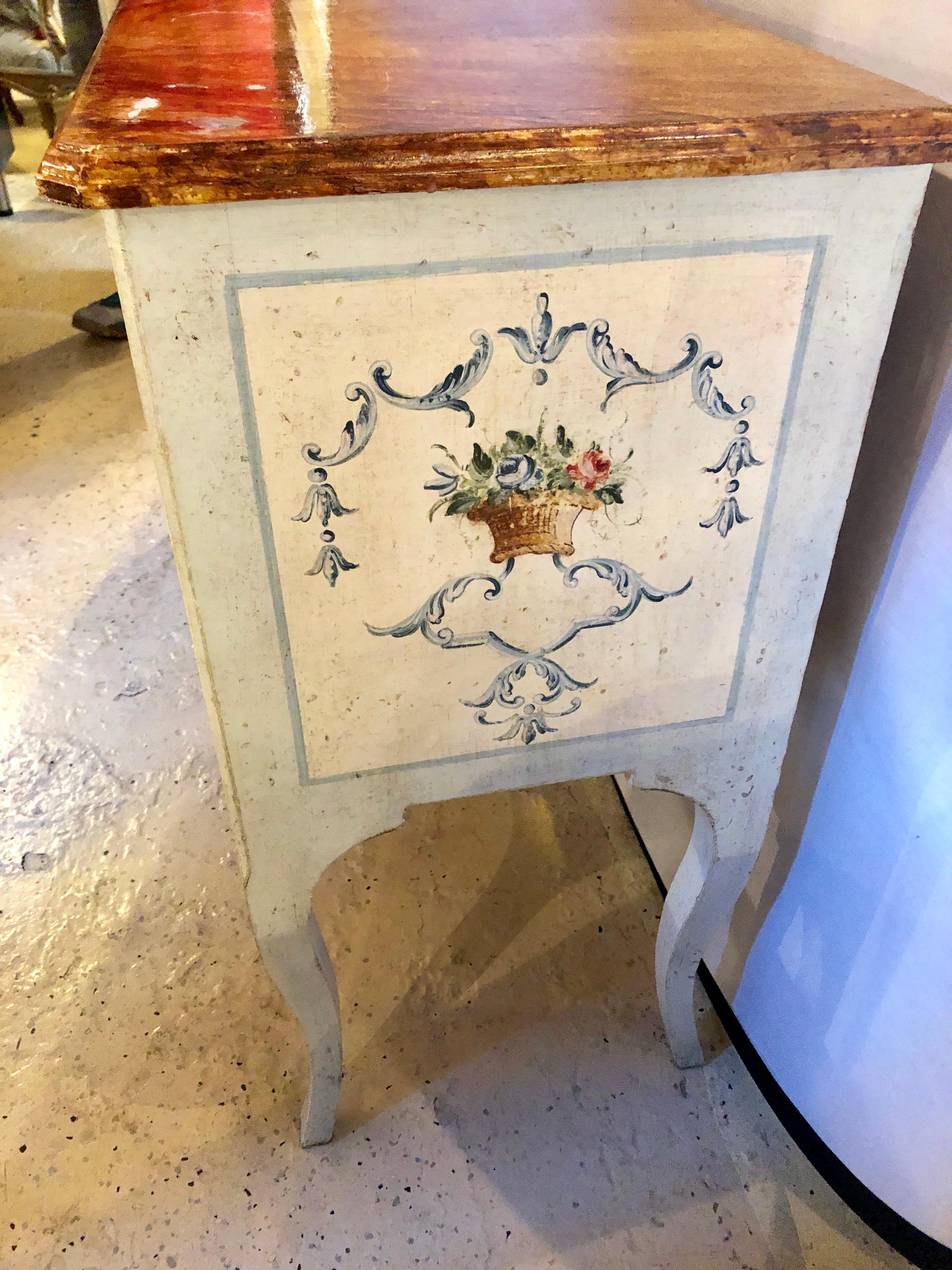 Pair of Hand Painted French Provincial End/Side or Night Stand Tables, Faux Top 1
