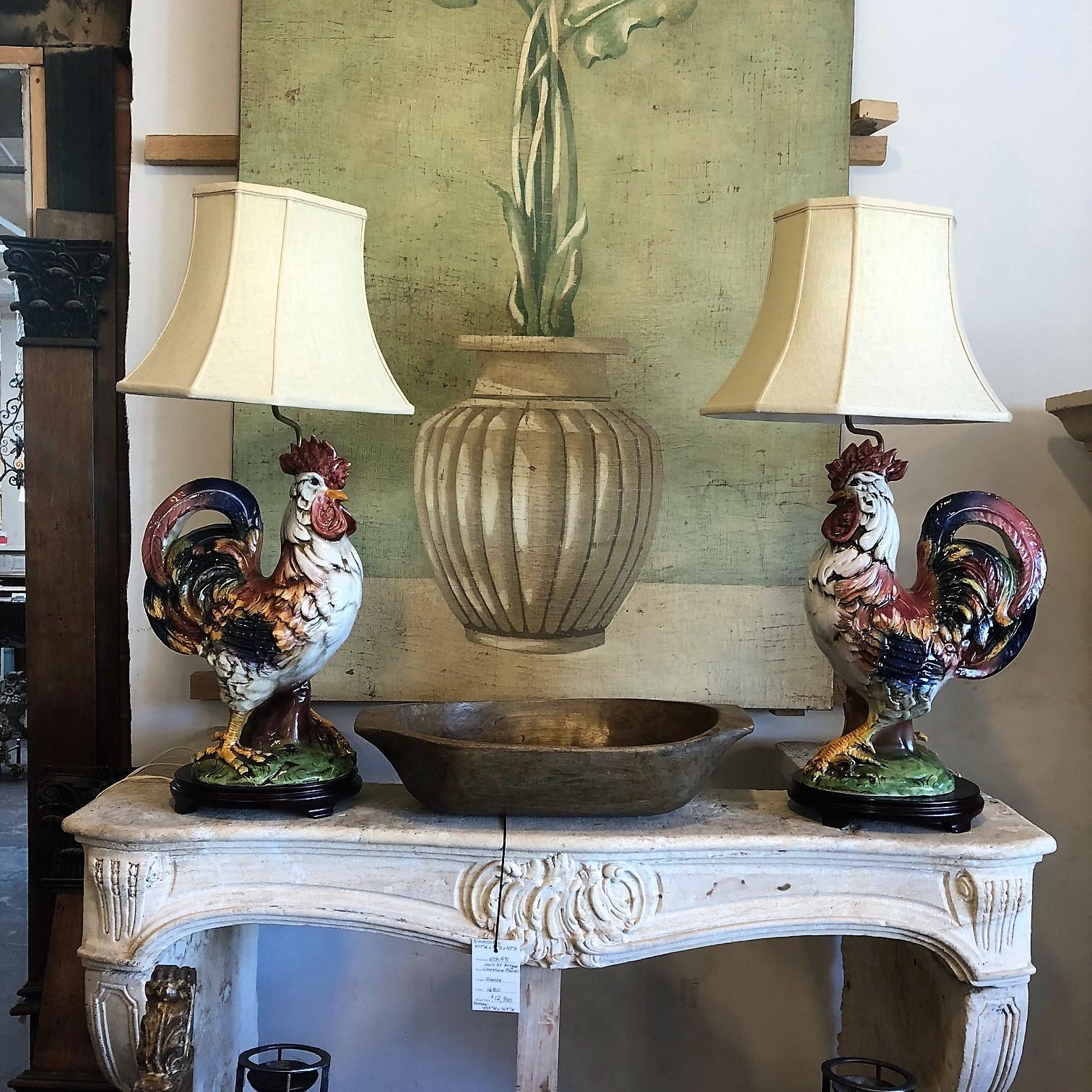 Ceramic Pair of Hand-Painted French Rooster Lamps