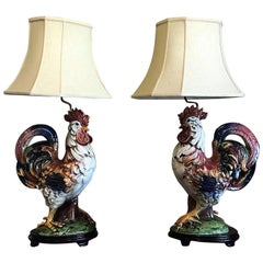 Antique Pair of Hand-Painted French Rooster Lamps