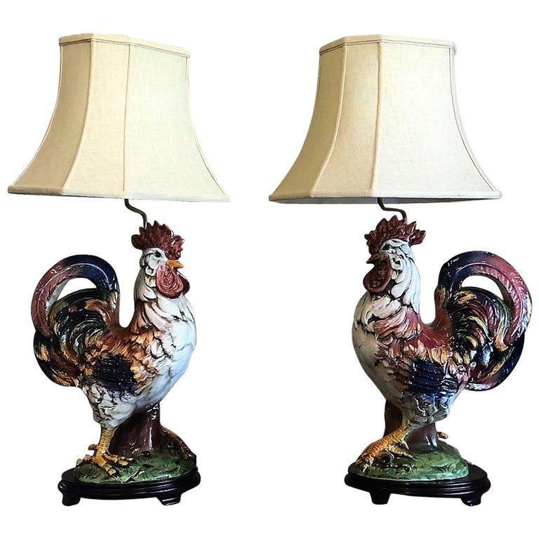 Hand Painted French Rooster Lamps, Antique Rooster Lamp