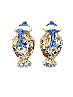 Pair of Hand-Painted Gien Faience Vases with Floral Decor, France