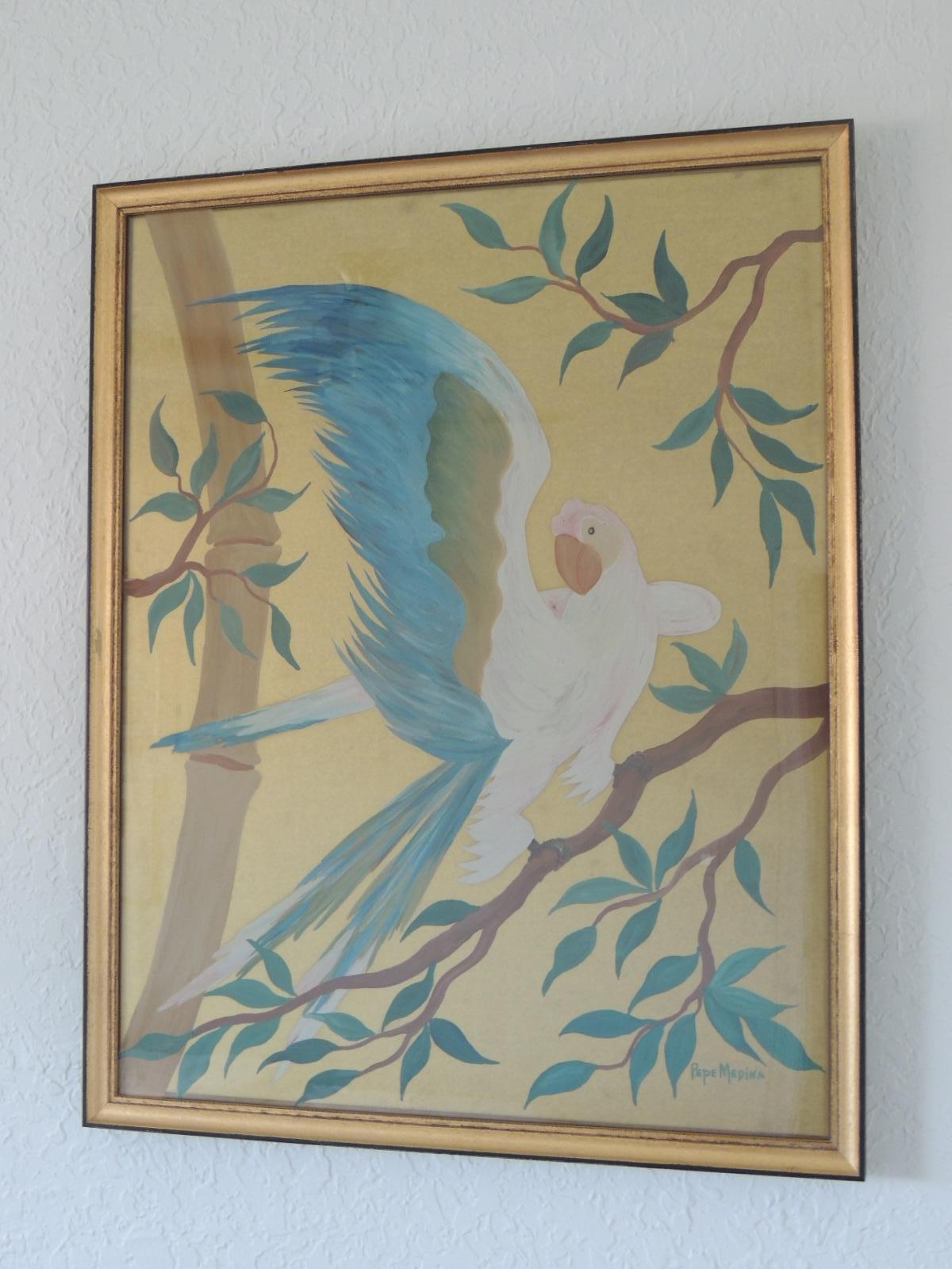 Two large portraits of white parrots on bamboo vines.
Oil on gold leaf boards. Newly framed in gold leaf antique style
frames and museum quality plexiglass.
Amazing pinkish white plumage and aqua blue under wind feathers.
Art work in shades of,