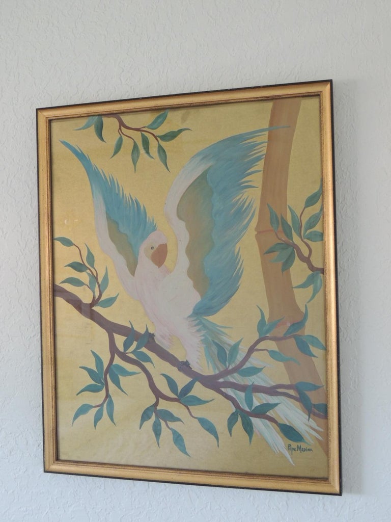 Pair of Hand Painted Hollywood Regency Verre Églomisé Style Parrots ...