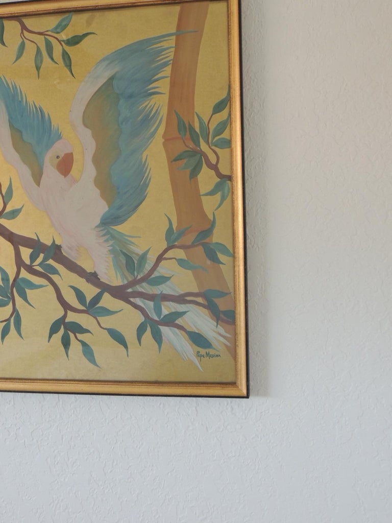 Pair of Hand Painted Hollywood Regency Verre Églomisé Style Parrots ...