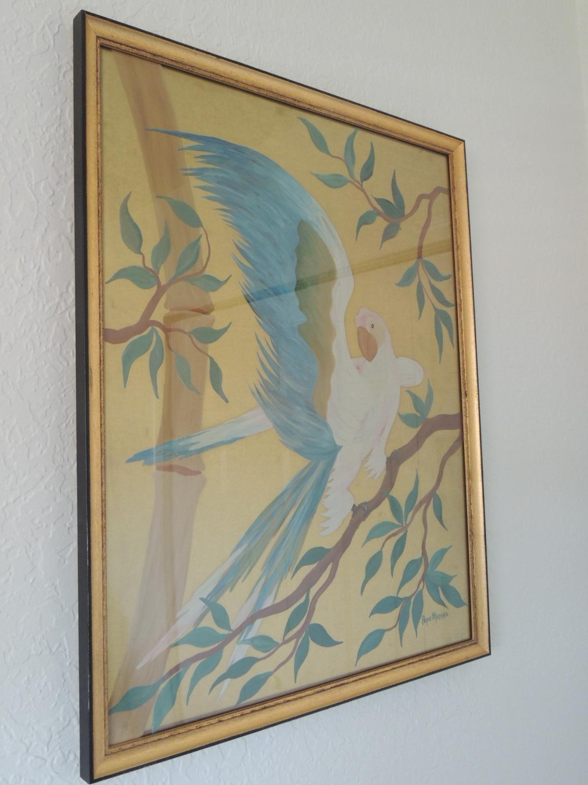 Gold Leaf Pair of Hand Painted Hollywood Regency Verre Églomisé Style Parrots Paintings