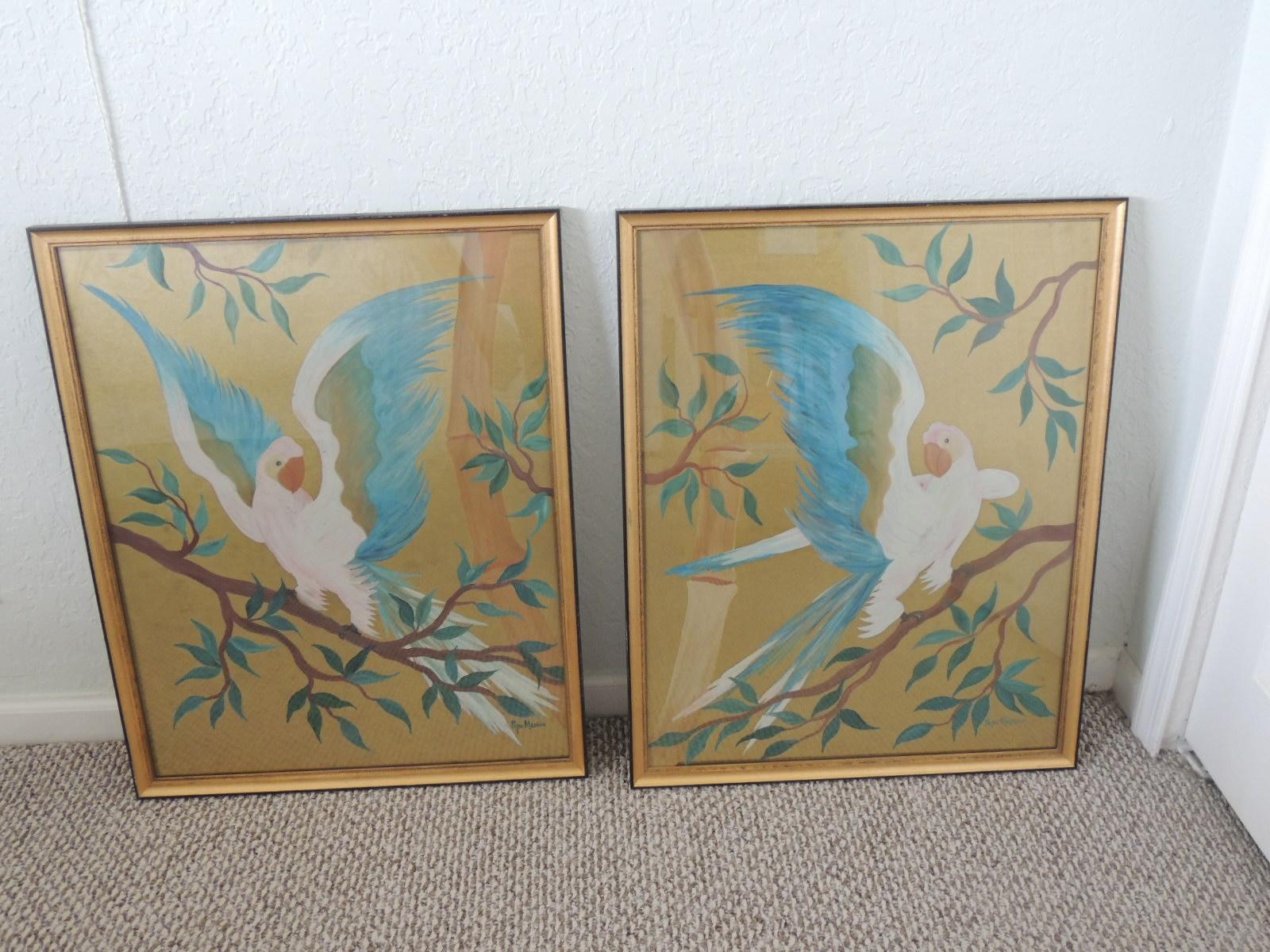 Pair of Hand Painted Hollywood Regency Verre Églomisé Style Parrots Paintings 1