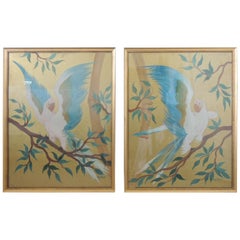 Pair of Hand Painted Hollywood Regency Verre Églomisé Style Parrots Paintings