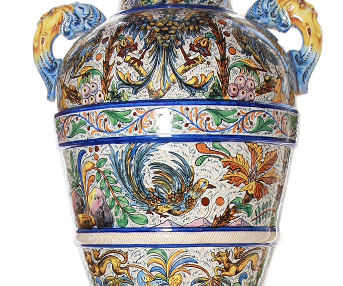 20th Century Pair of Hand-Painted Italian Ceramic/Majolica Large Urns with Matching Pedestal For Sale