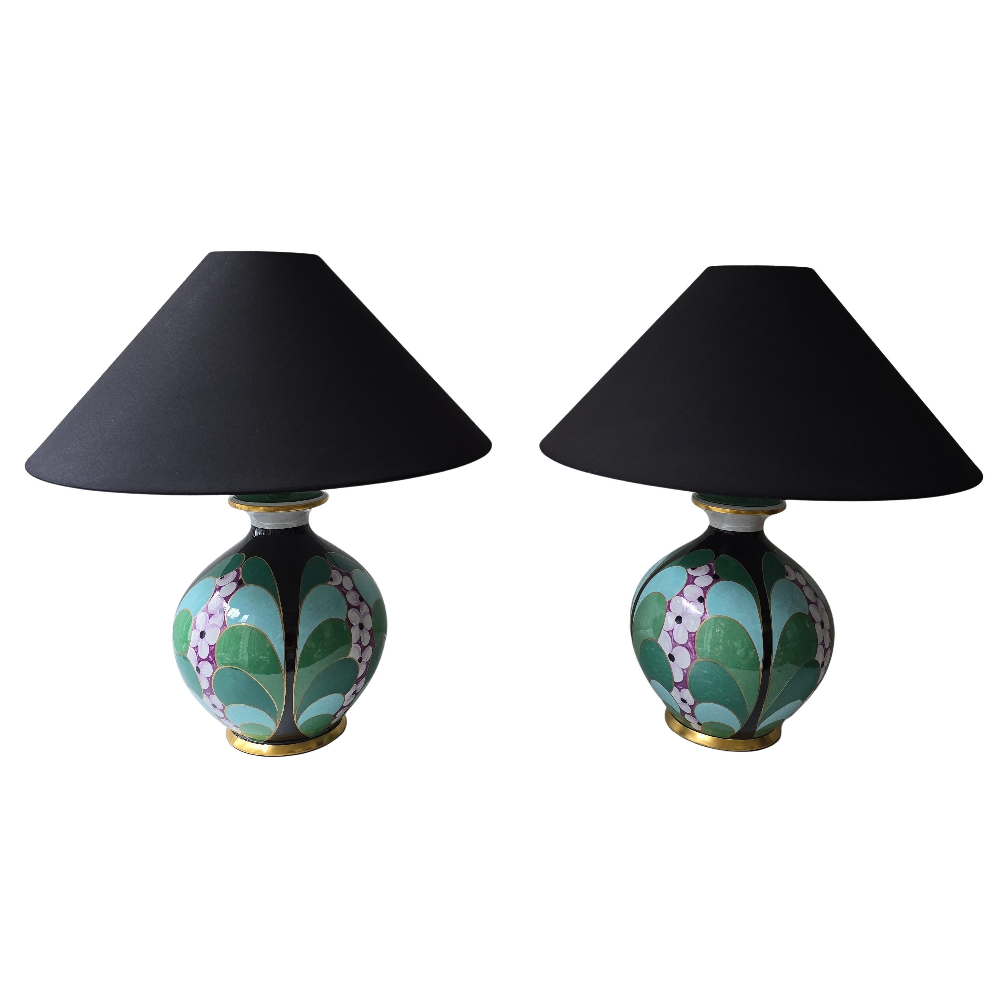 Hollywood Regency Pair of Hand-Painted Italian Porcelain Table Lamps by Le Porcellane, Florence For Sale