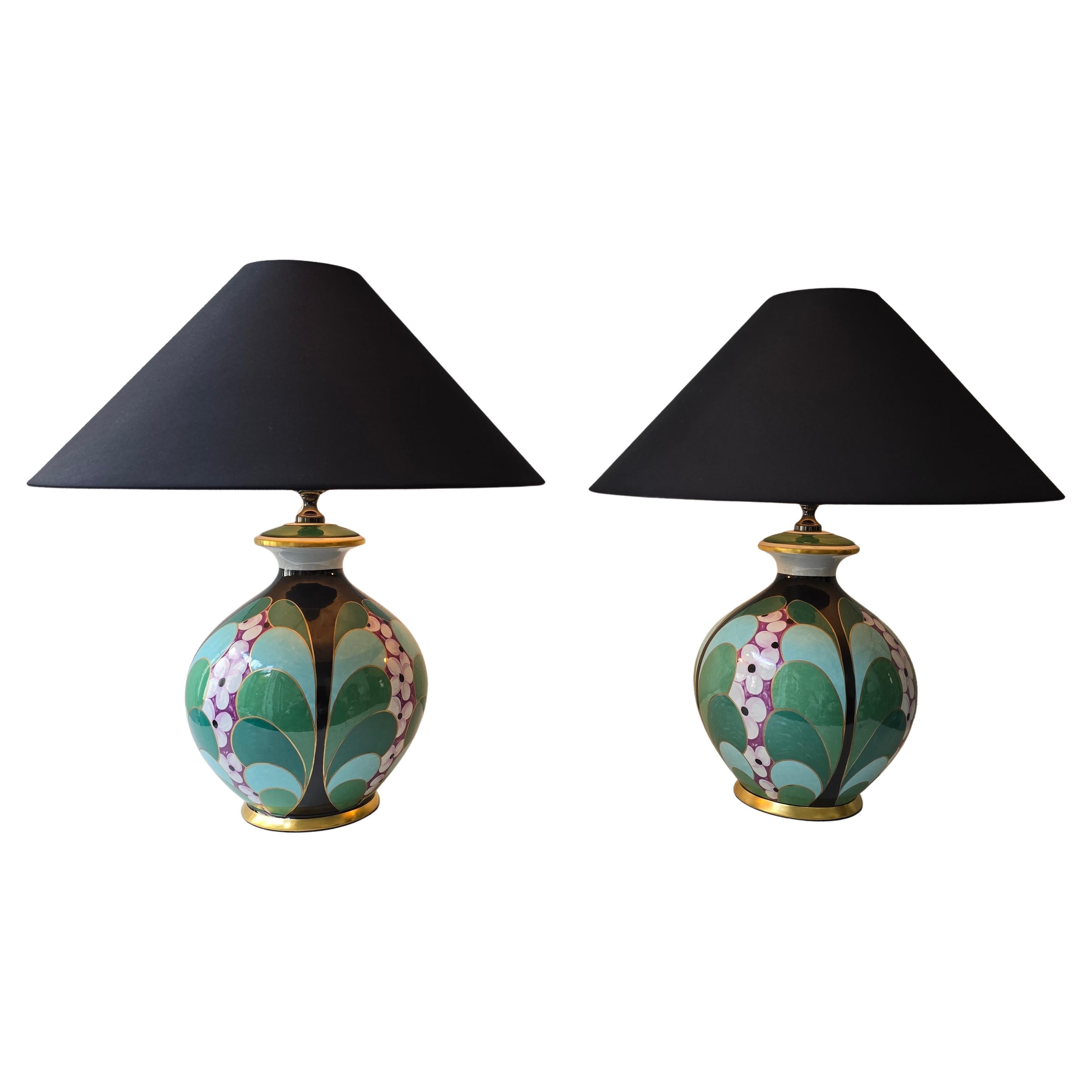 Pair of Hand-Painted Italian Porcelain Table Lamps by Le Porcellane, Florence For Sale