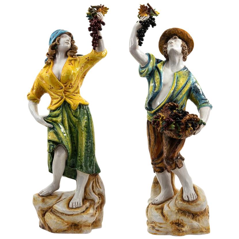 Pair of Hand Painted Italian Pottery Figures