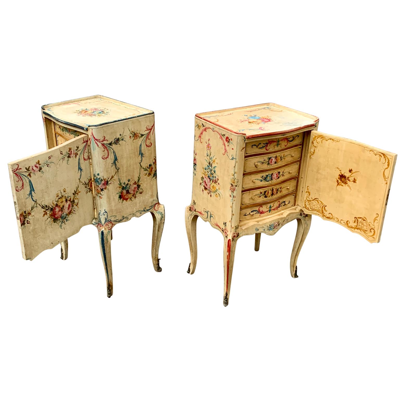 Brass Pair of Hand Painted Italian Rococo Nightstands For Sale