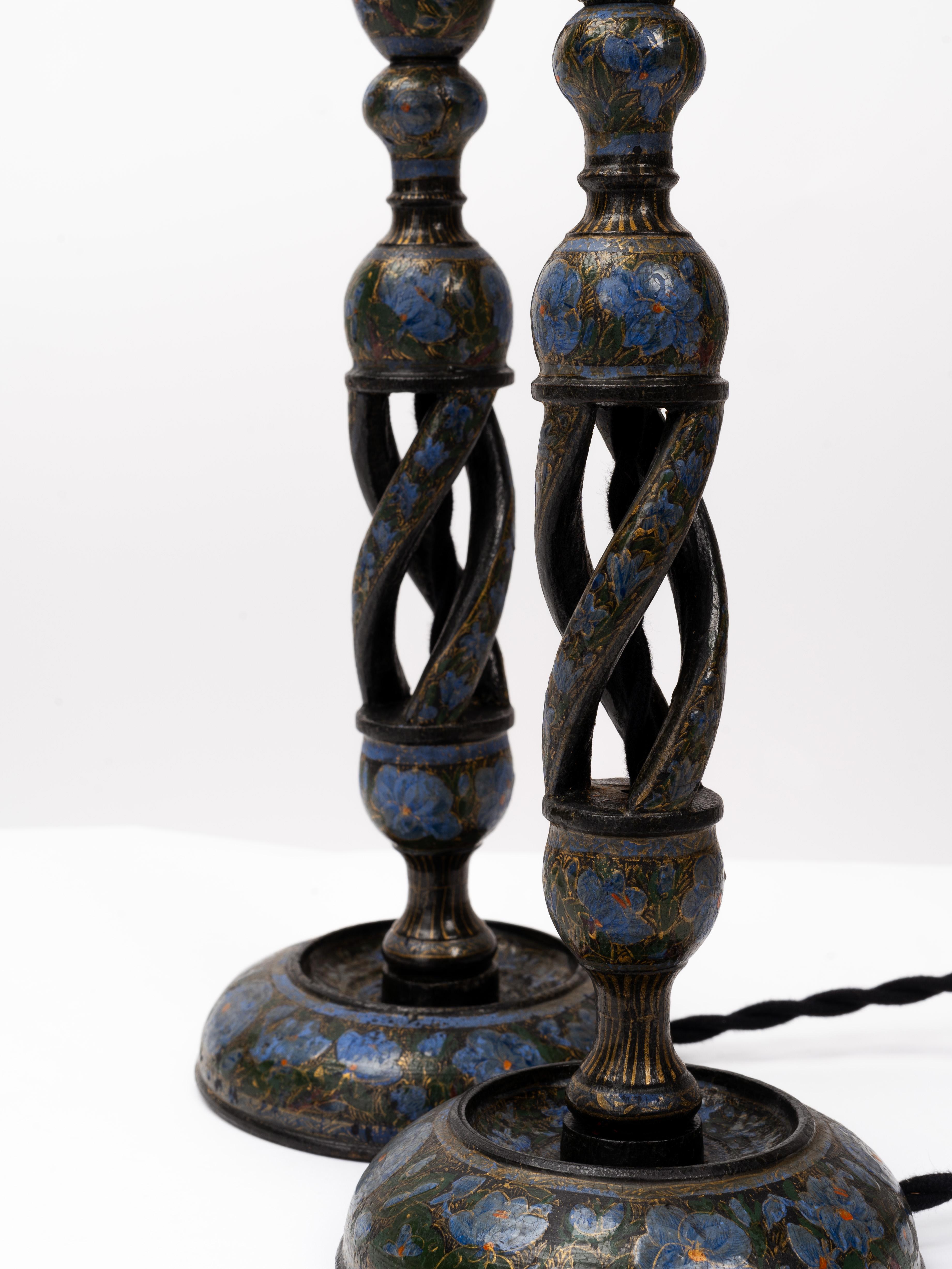 Victorian Pair of Hand-Painted Kashmiri Northern Indian Candlestick Table Lamps