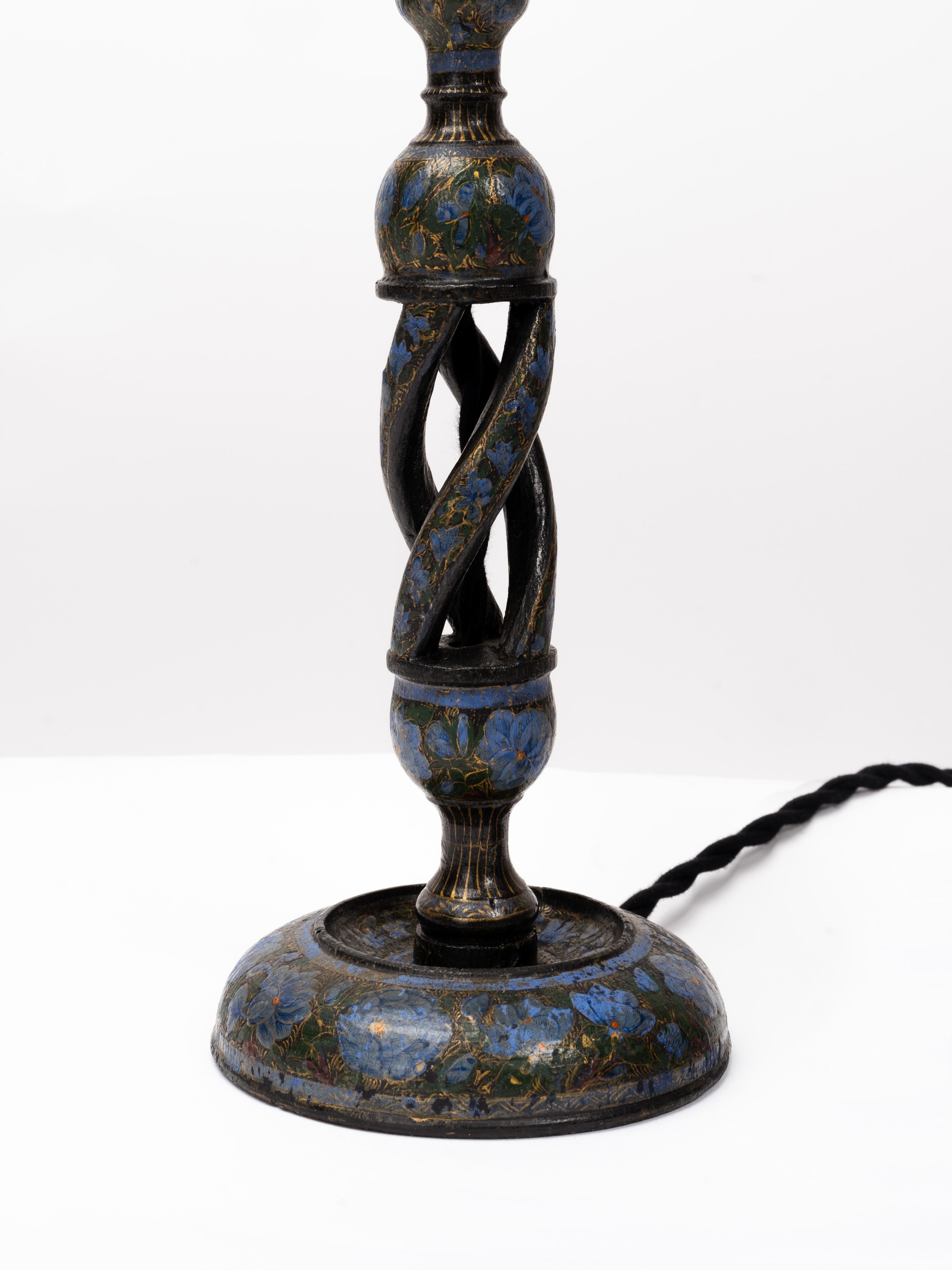 Pair of Hand-Painted Kashmiri Northern Indian Candlestick Table Lamps In Good Condition In Fort Collins, CO