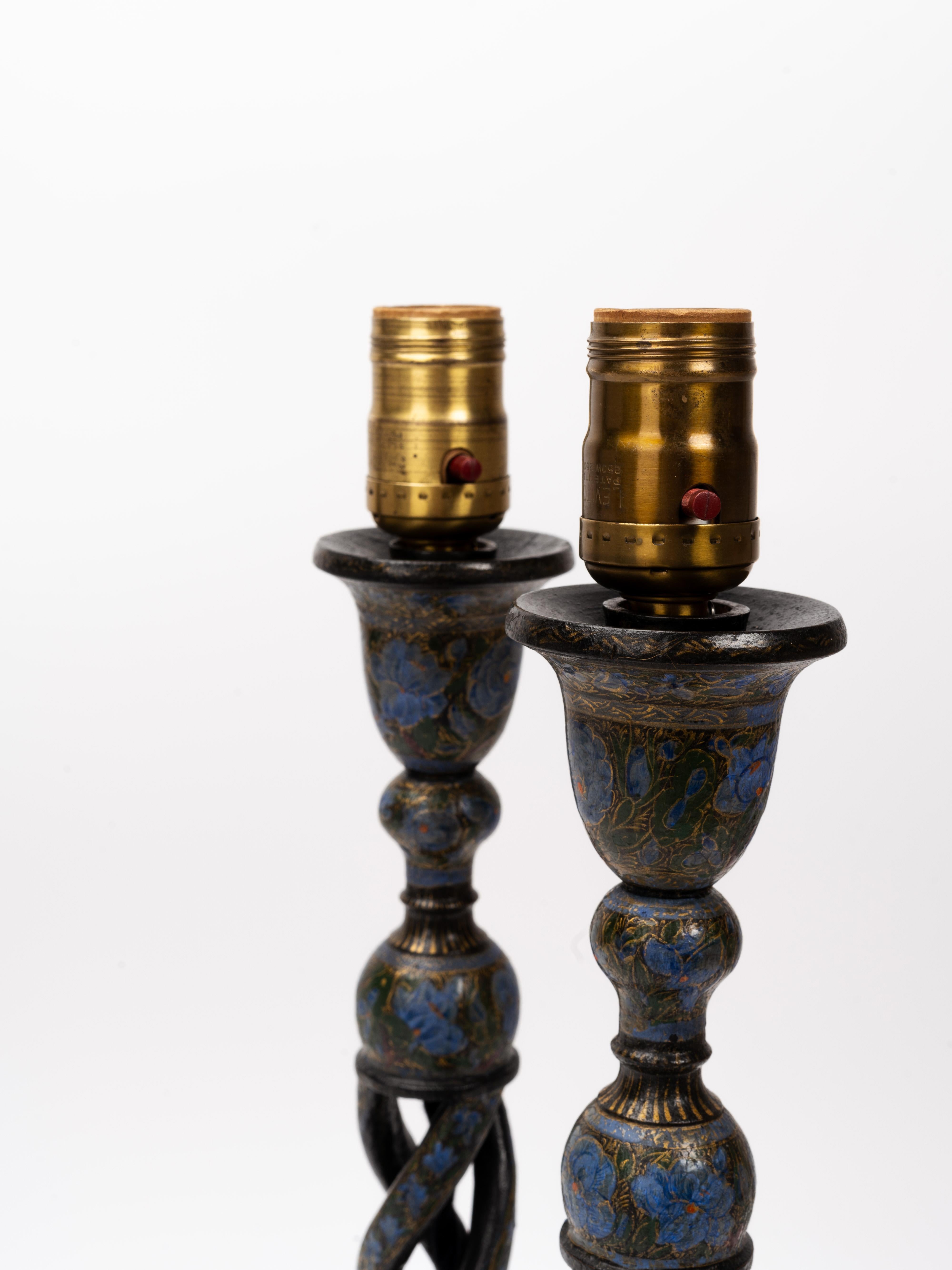 20th Century Pair of Hand-Painted Kashmiri Northern Indian Candlestick Table Lamps