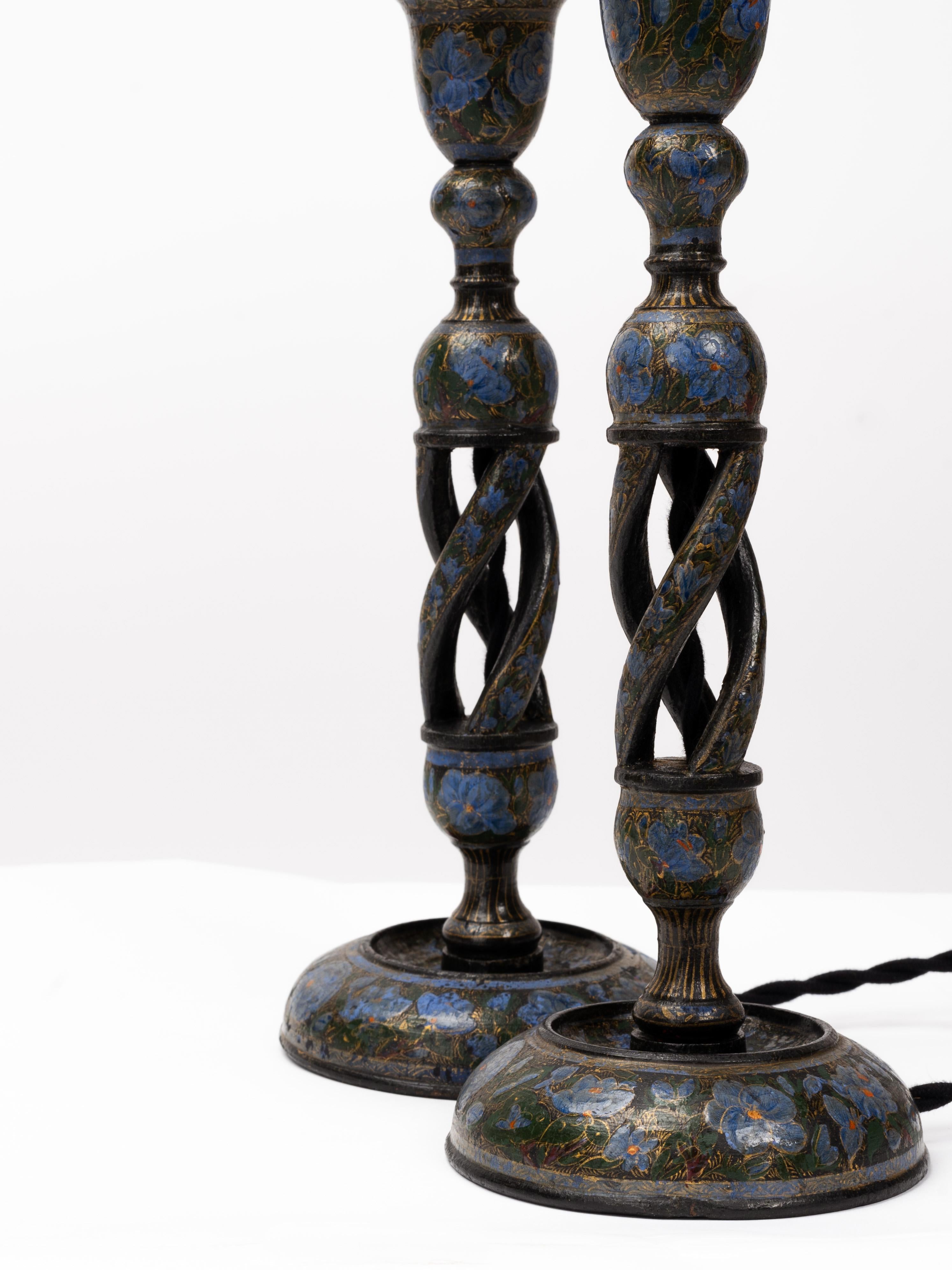 Wood Pair of Hand-Painted Kashmiri Northern Indian Candlestick Table Lamps