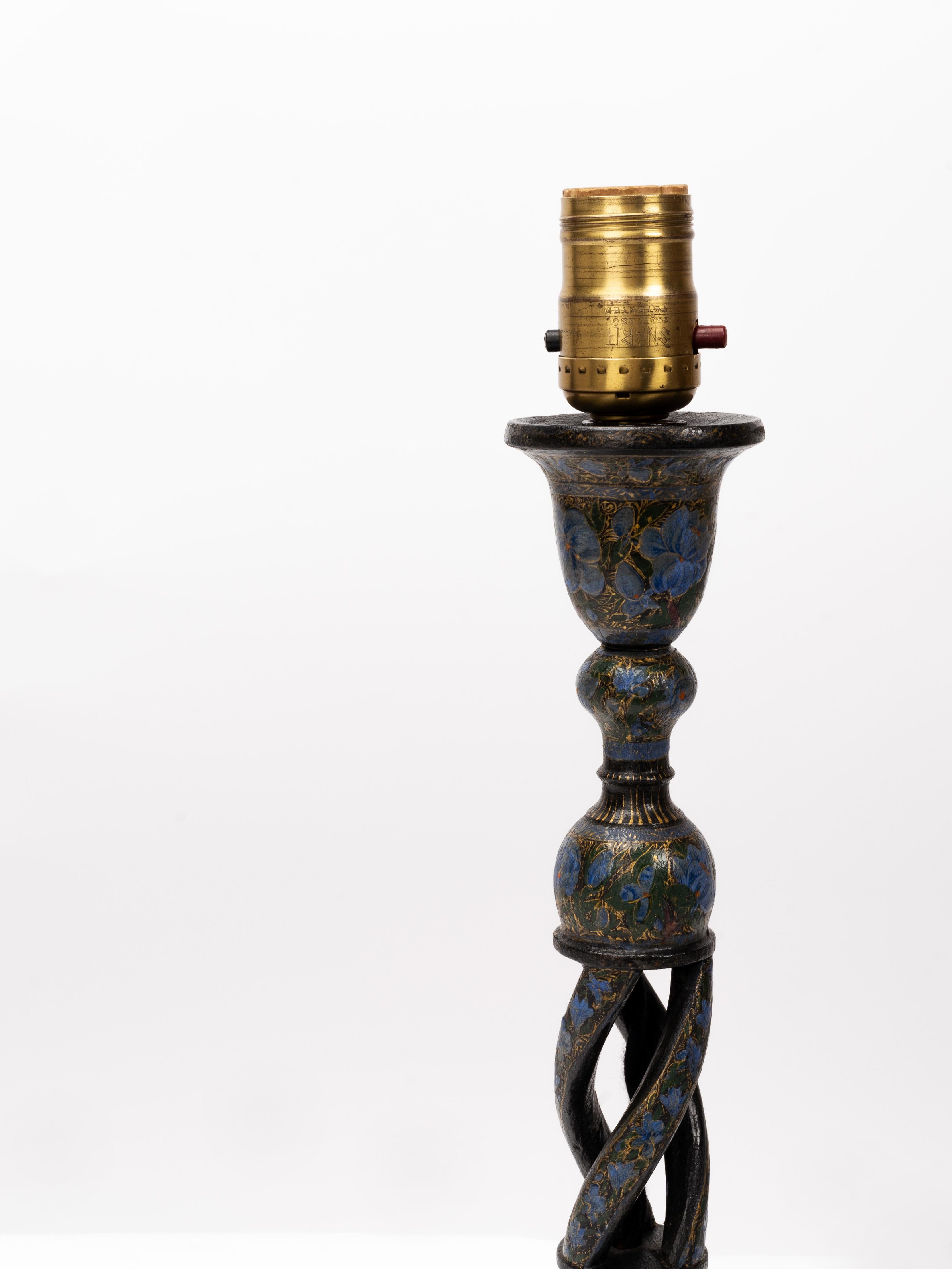 Pair of Hand-Painted Kashmiri Northern Indian Candlestick Table Lamps 1