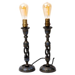 Pair of Hand-Painted Kashmiri Northern Indian Candlestick Table Lamps