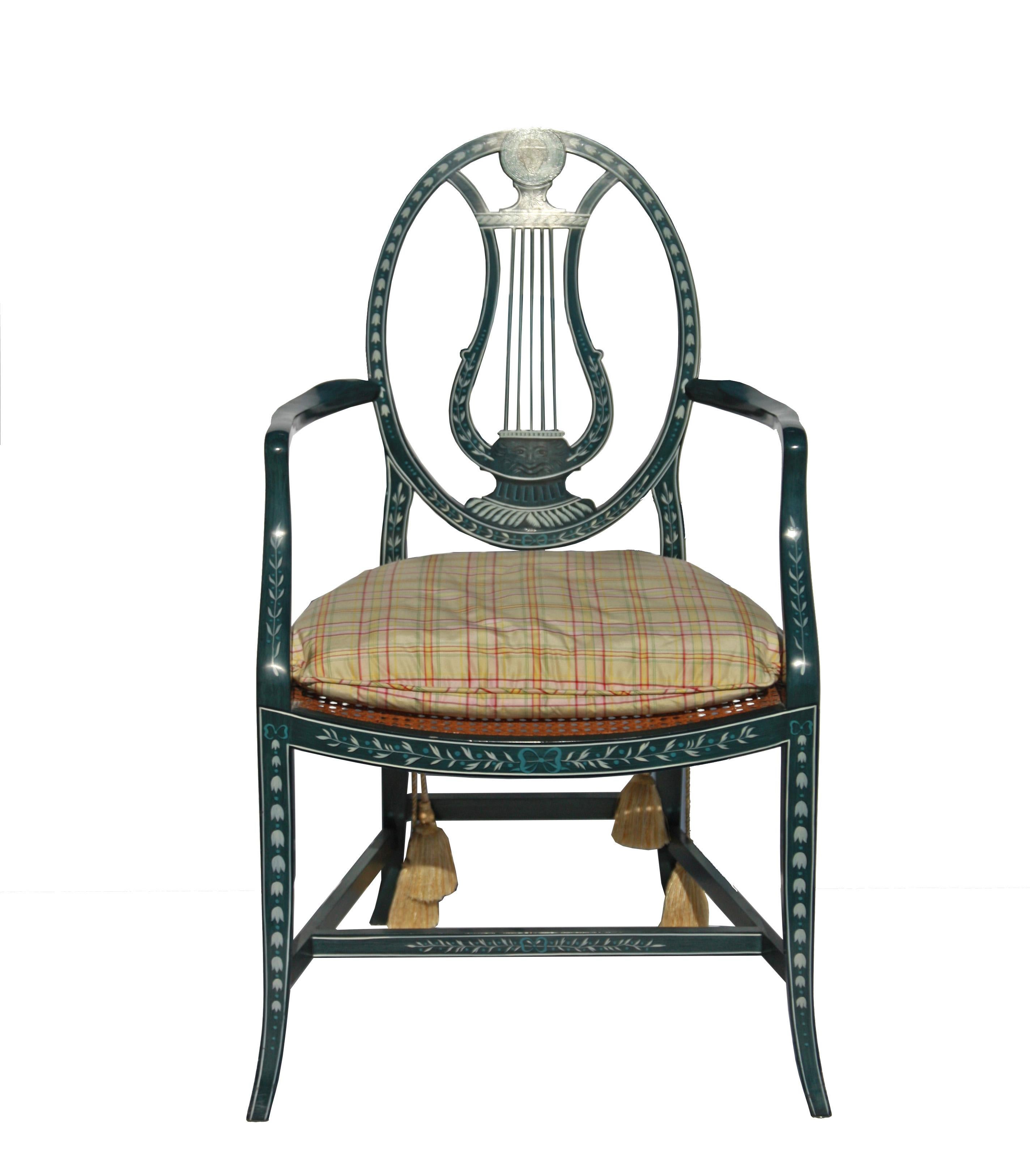 Neoclassical Pair of Hand-Painted, Lyre Back Baker Furniture Chairs