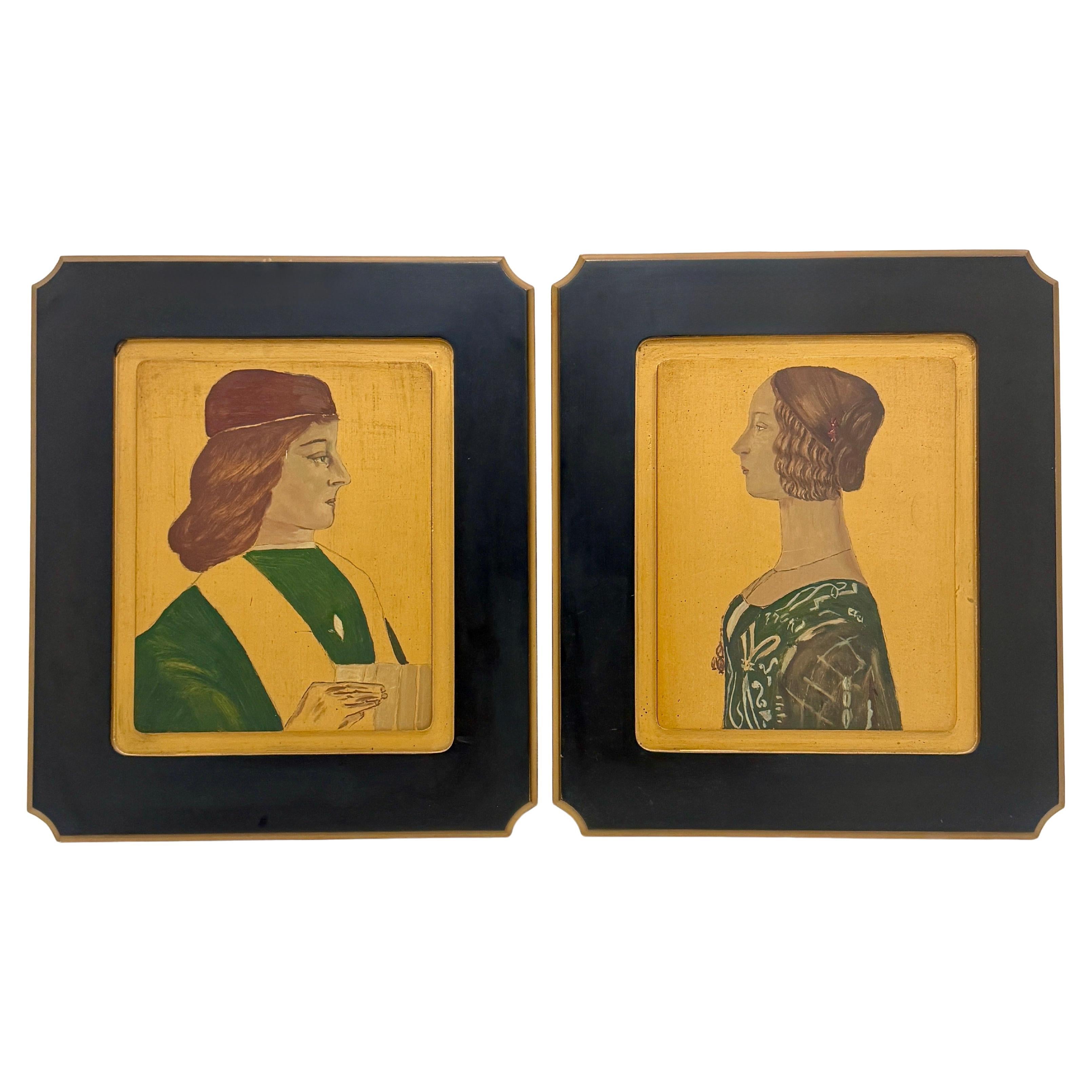 Paire de portraits de Médicis peints à la main sur panneaux de Wood Wood, c. 1930. en vente