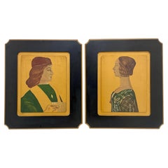 Pair of Hand Painted Medici Portraits on Carved Wood Panels, c. 1930's