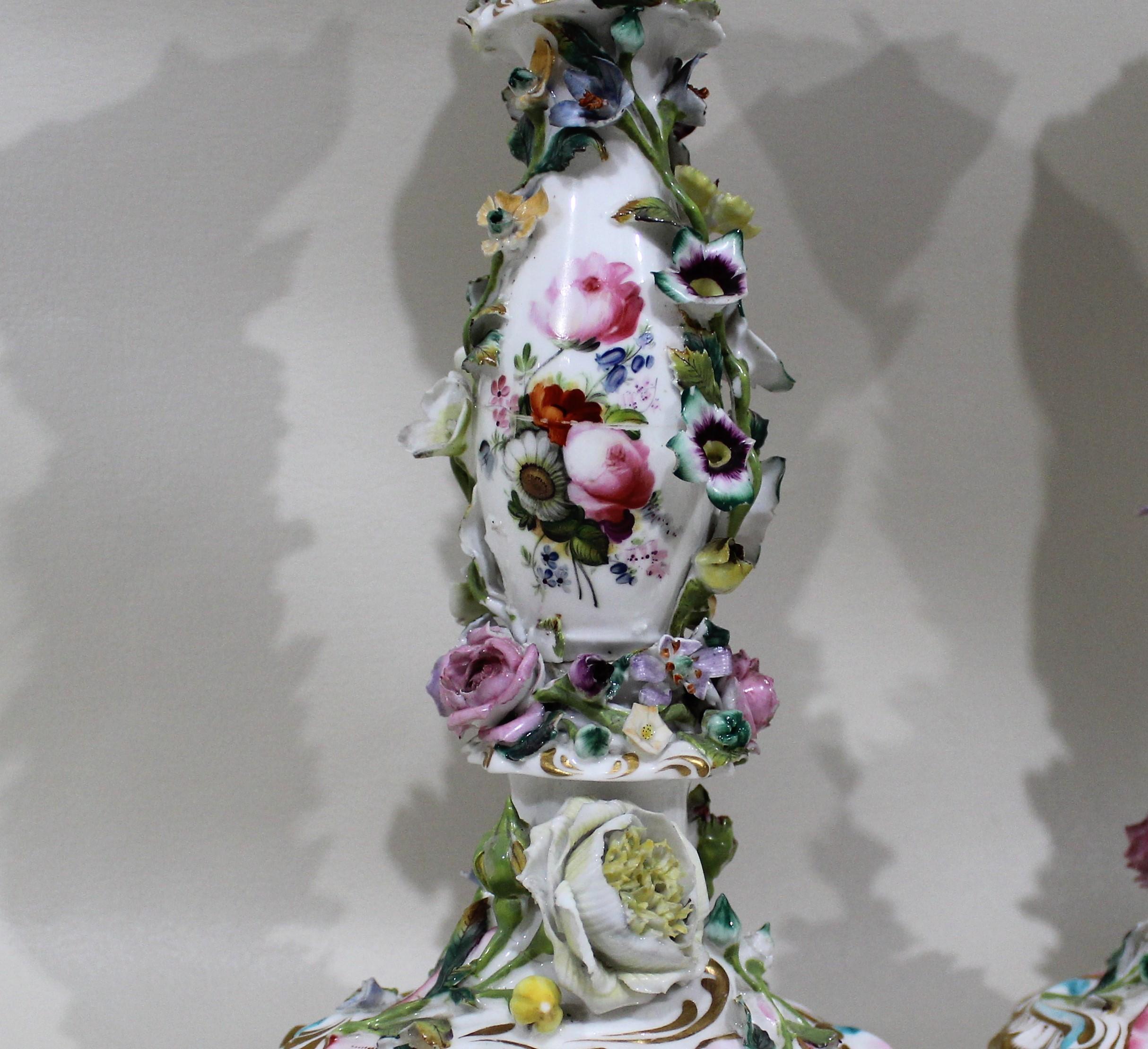 Pair of Hand Painted Meissen Porcelain Candlesticks In Fair Condition In Hamilton, Ontario