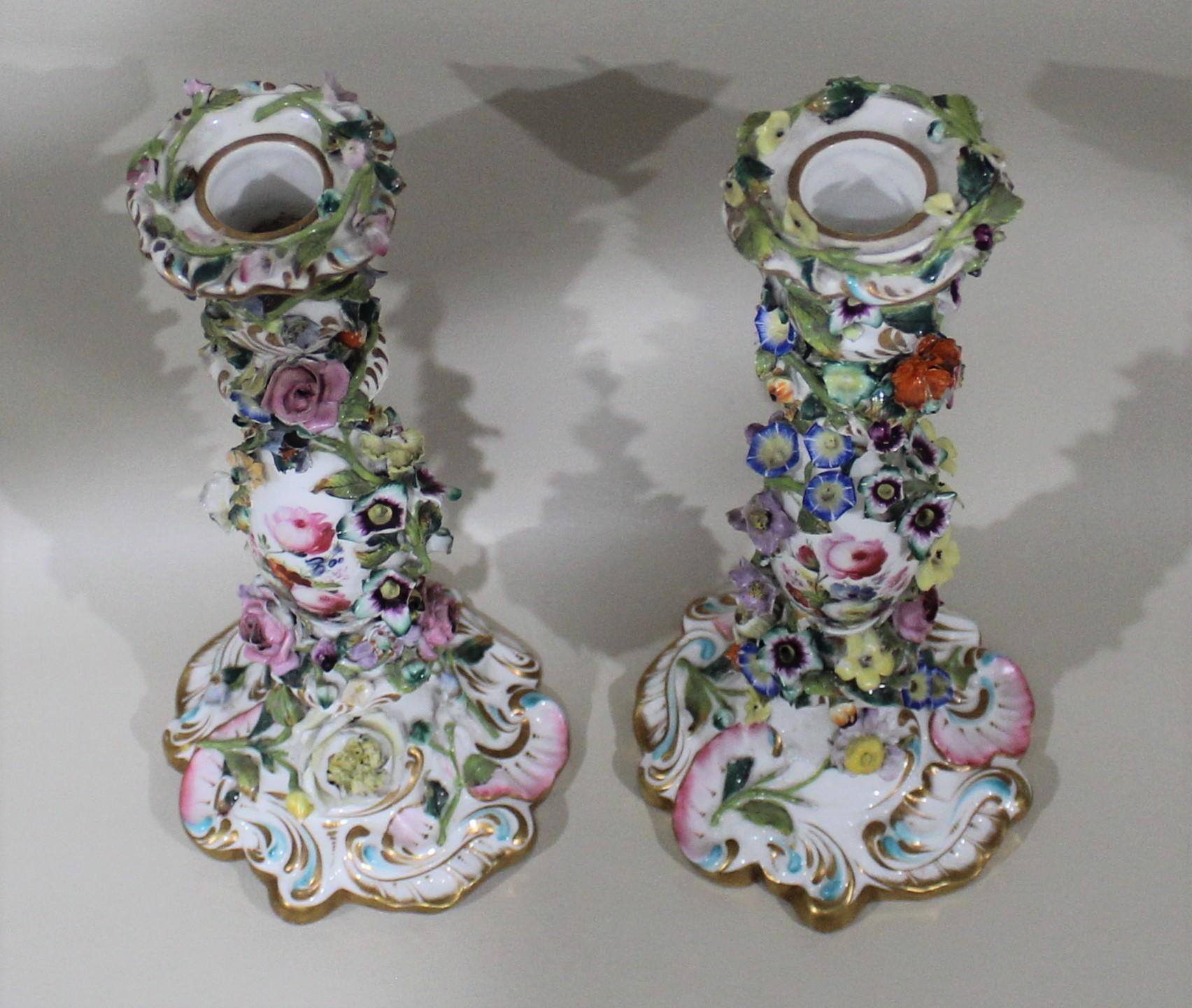 Late 19th Century Pair of Hand Painted Meissen Porcelain Candlesticks