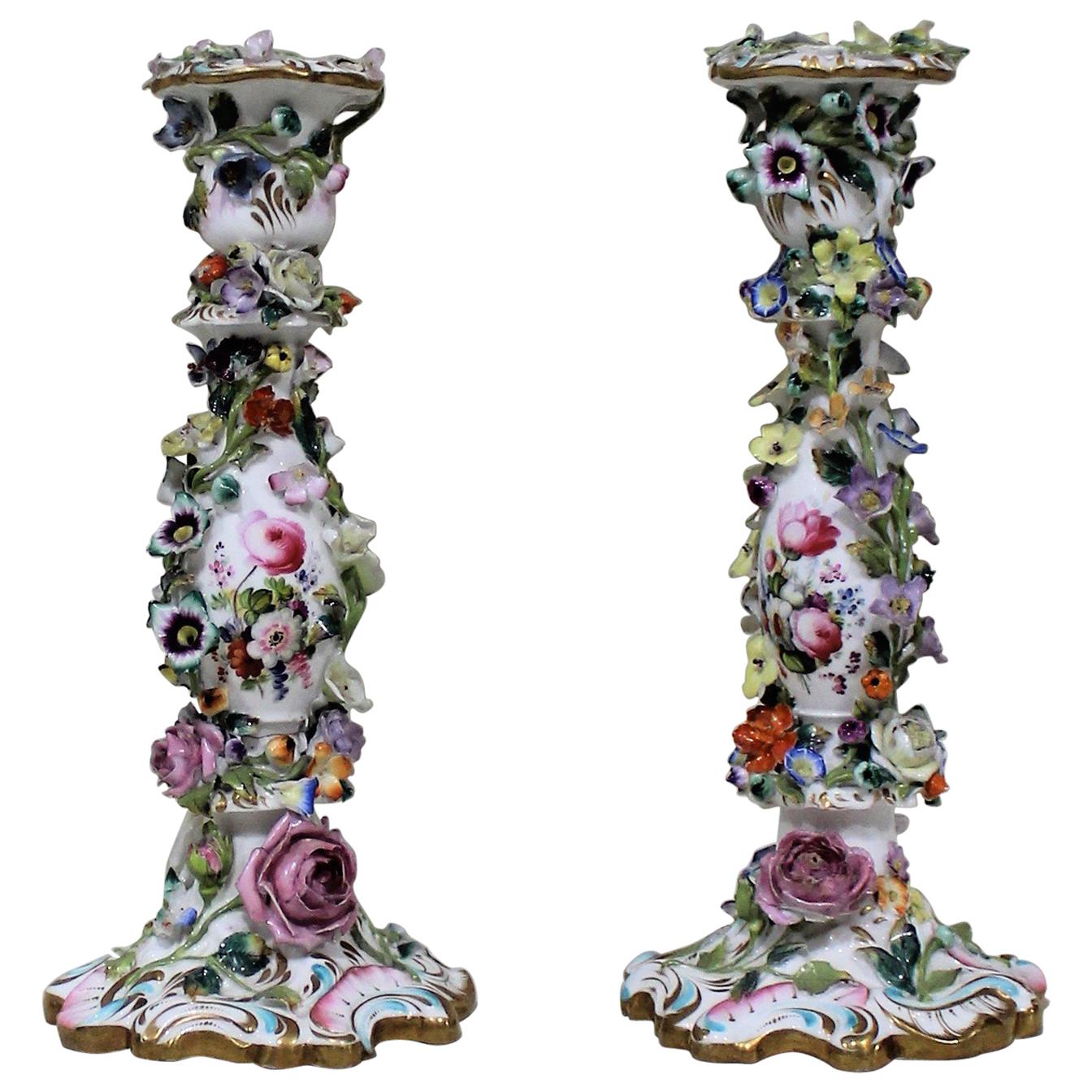 Pair of Hand Painted Meissen Porcelain Candlesticks